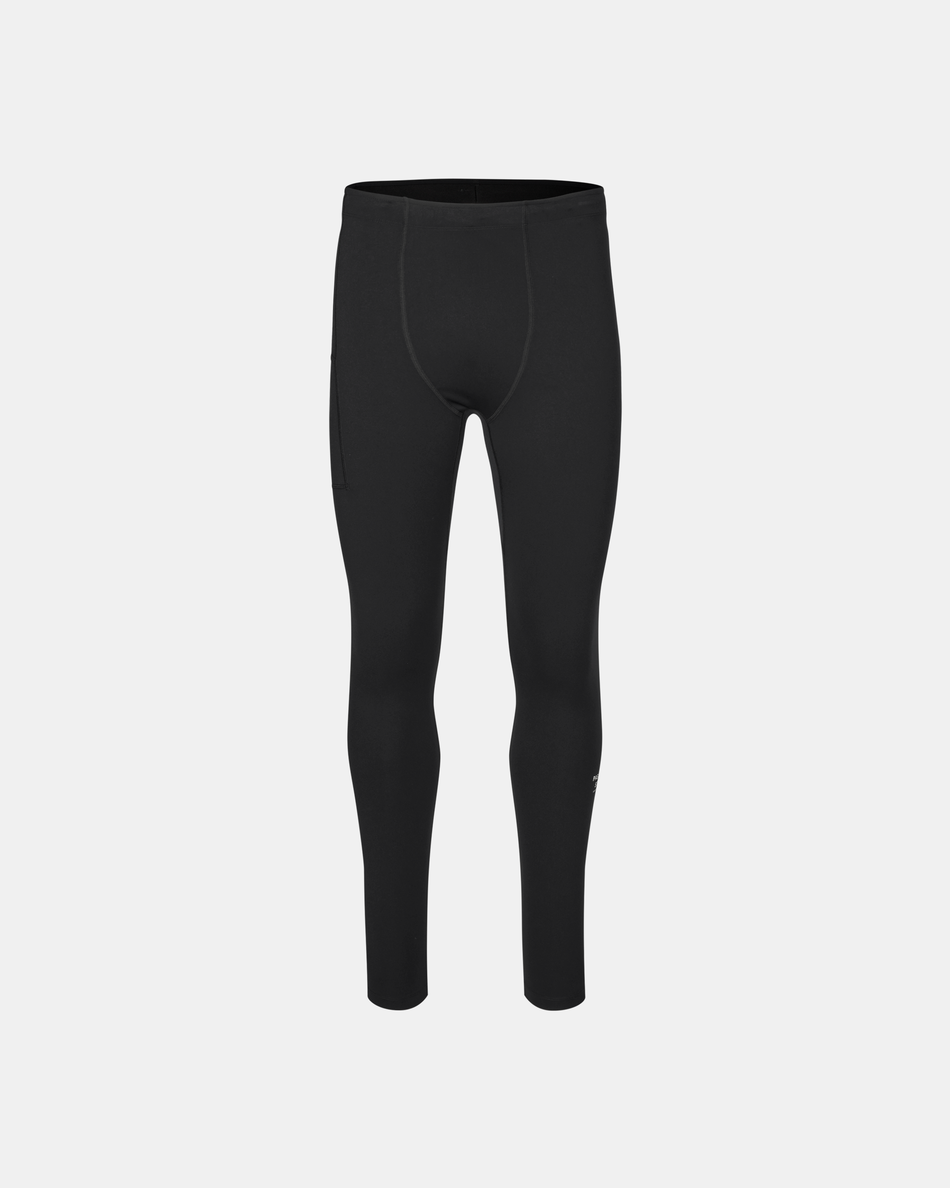 Black Balance long tights, front flat lay with side pocket and small logo at lower leg