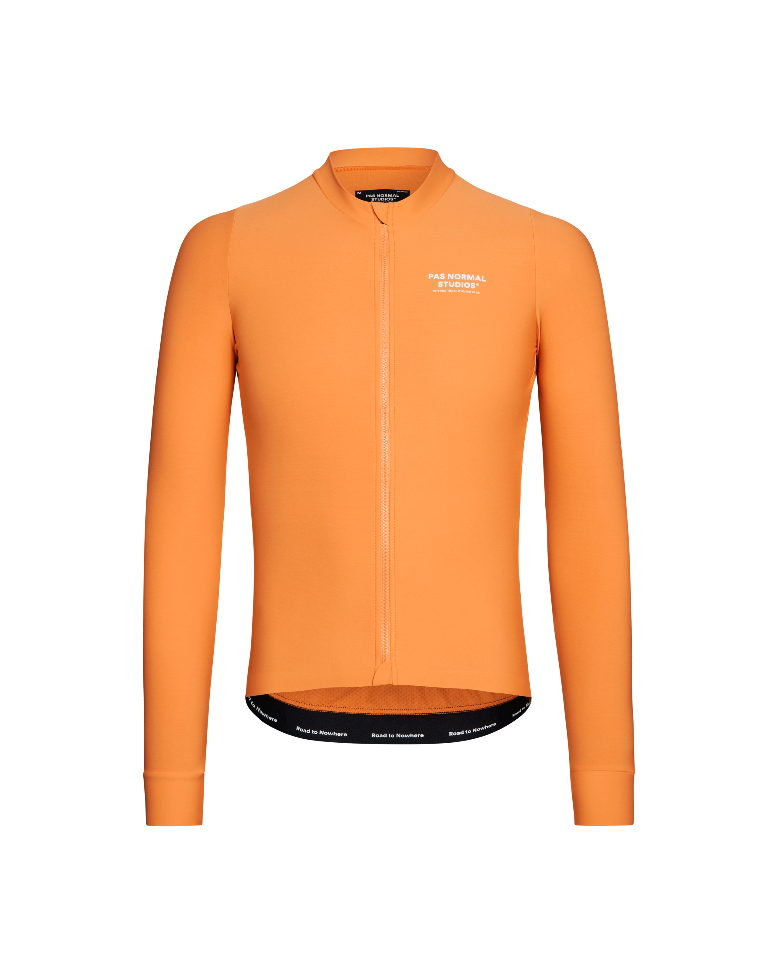 Orange Mechanism long sleeve cycling jersey, front view with white chest logo