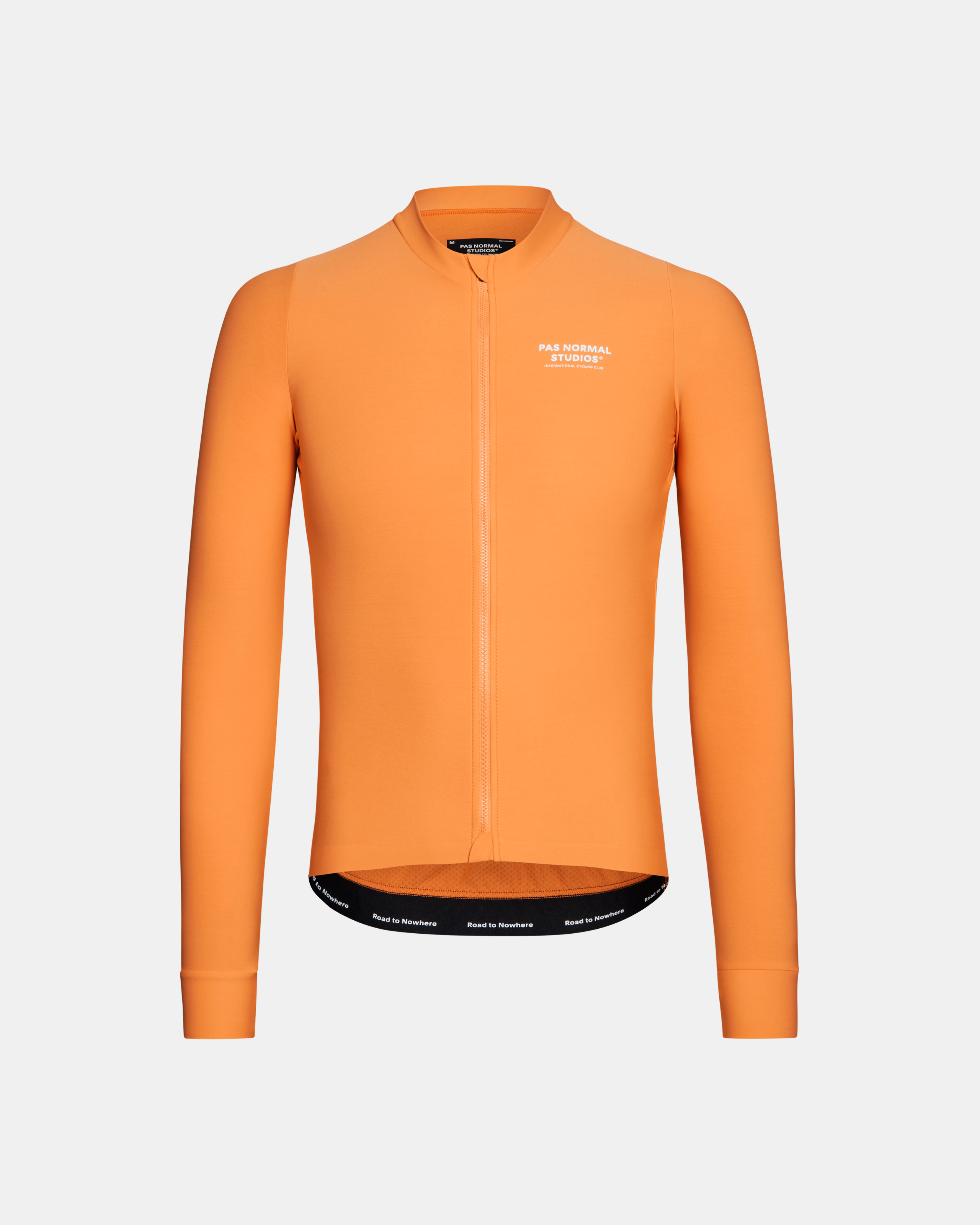 Orange Mechanism long sleeve cycling jersey, front view with white chest logo