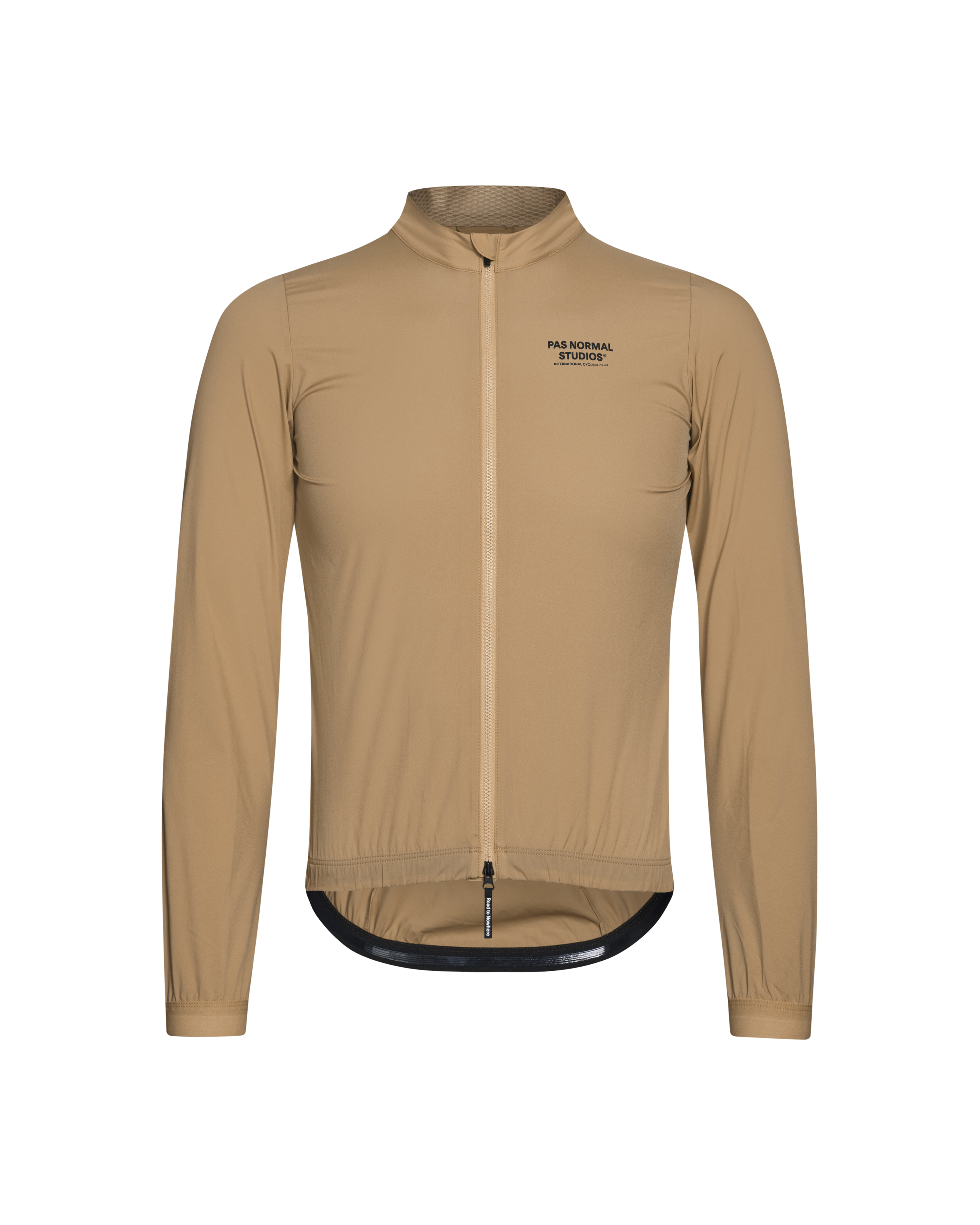 Camel Mechanism Stow Away cycling jacket, front view with full zip and elastic waistband