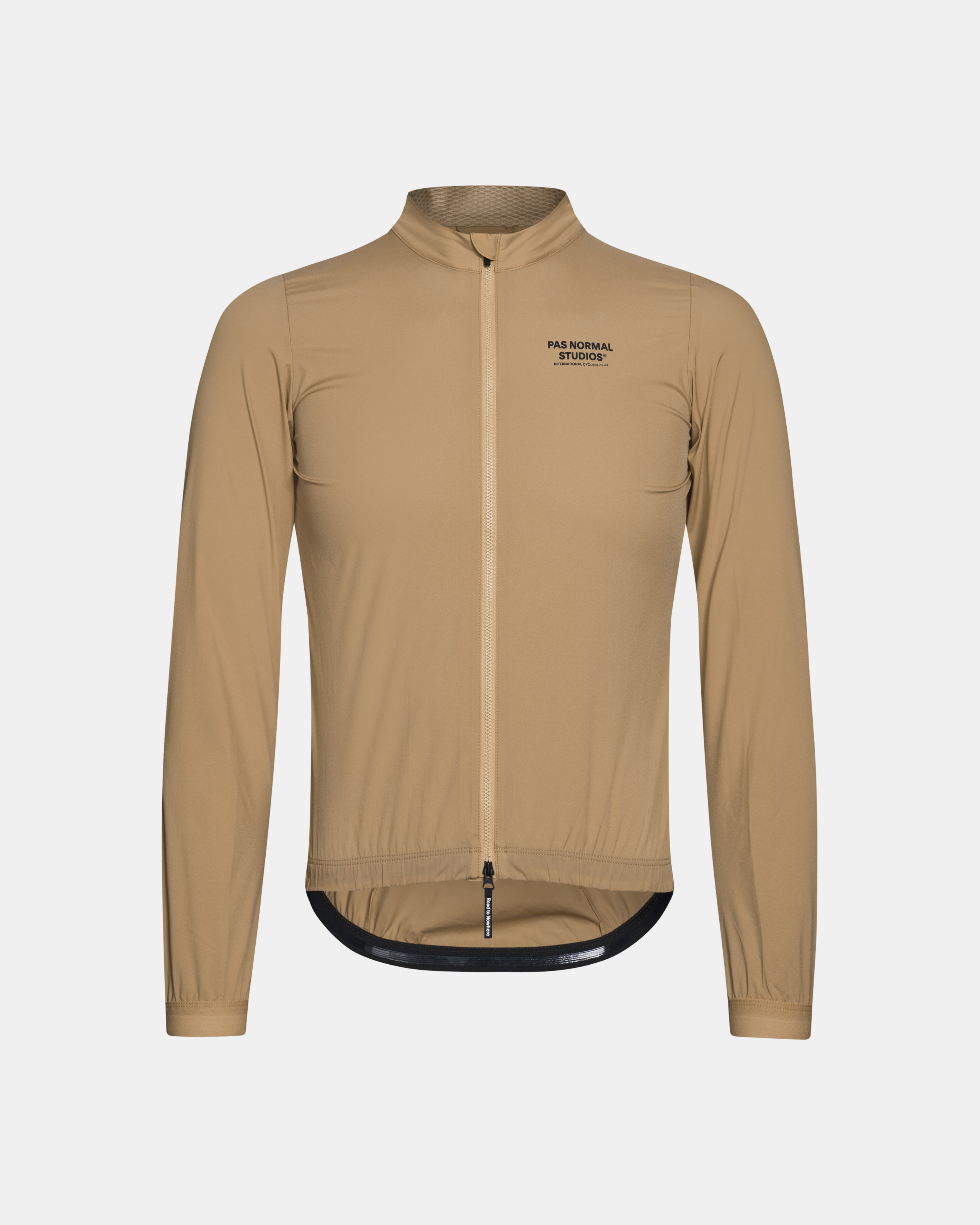 Camel Mechanism Stow Away cycling jacket, front view with full zip and elastic waistband