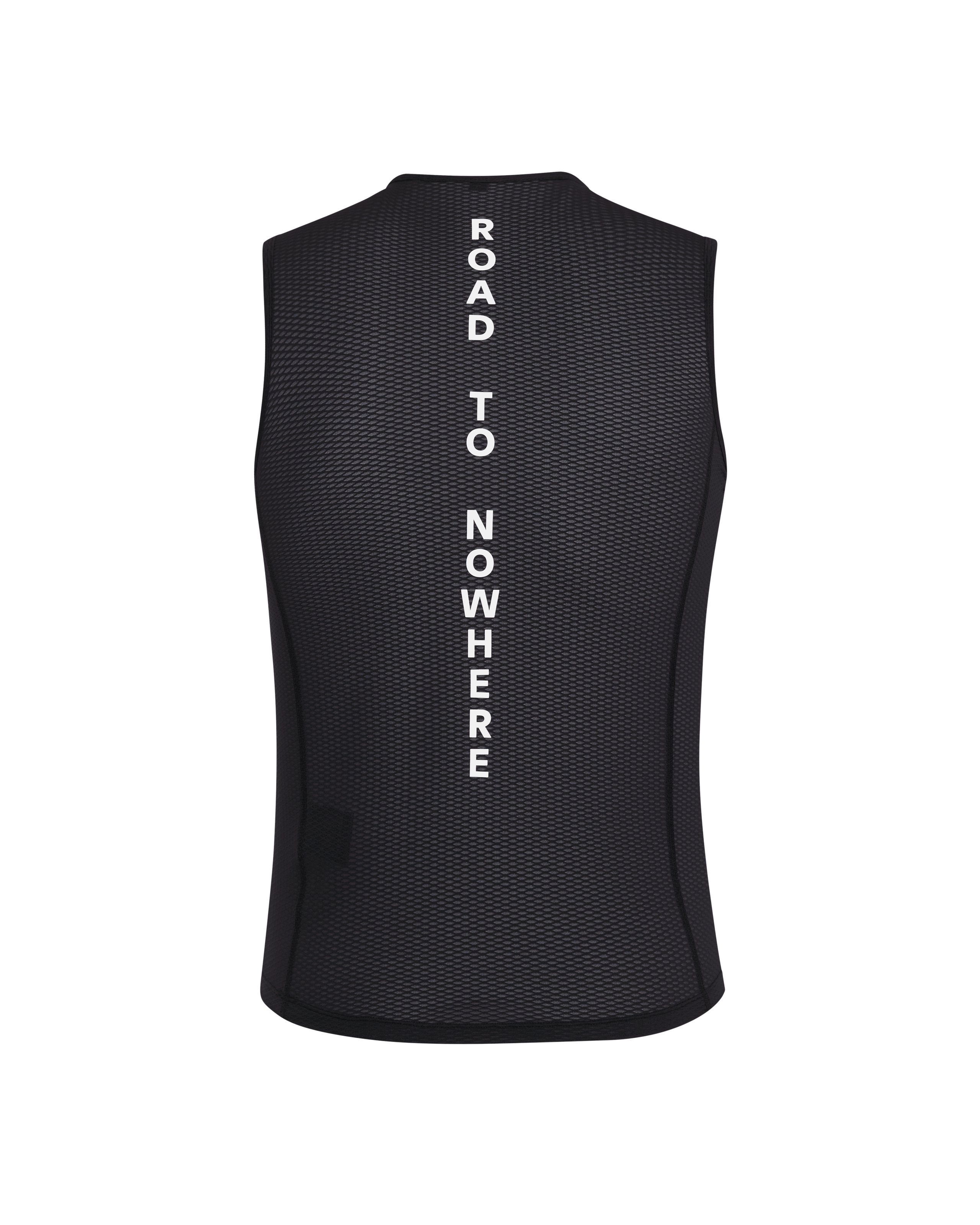 Black Mechanism sleeveless base layer, rear view with vertical ROAD TO NOWHERE white text print