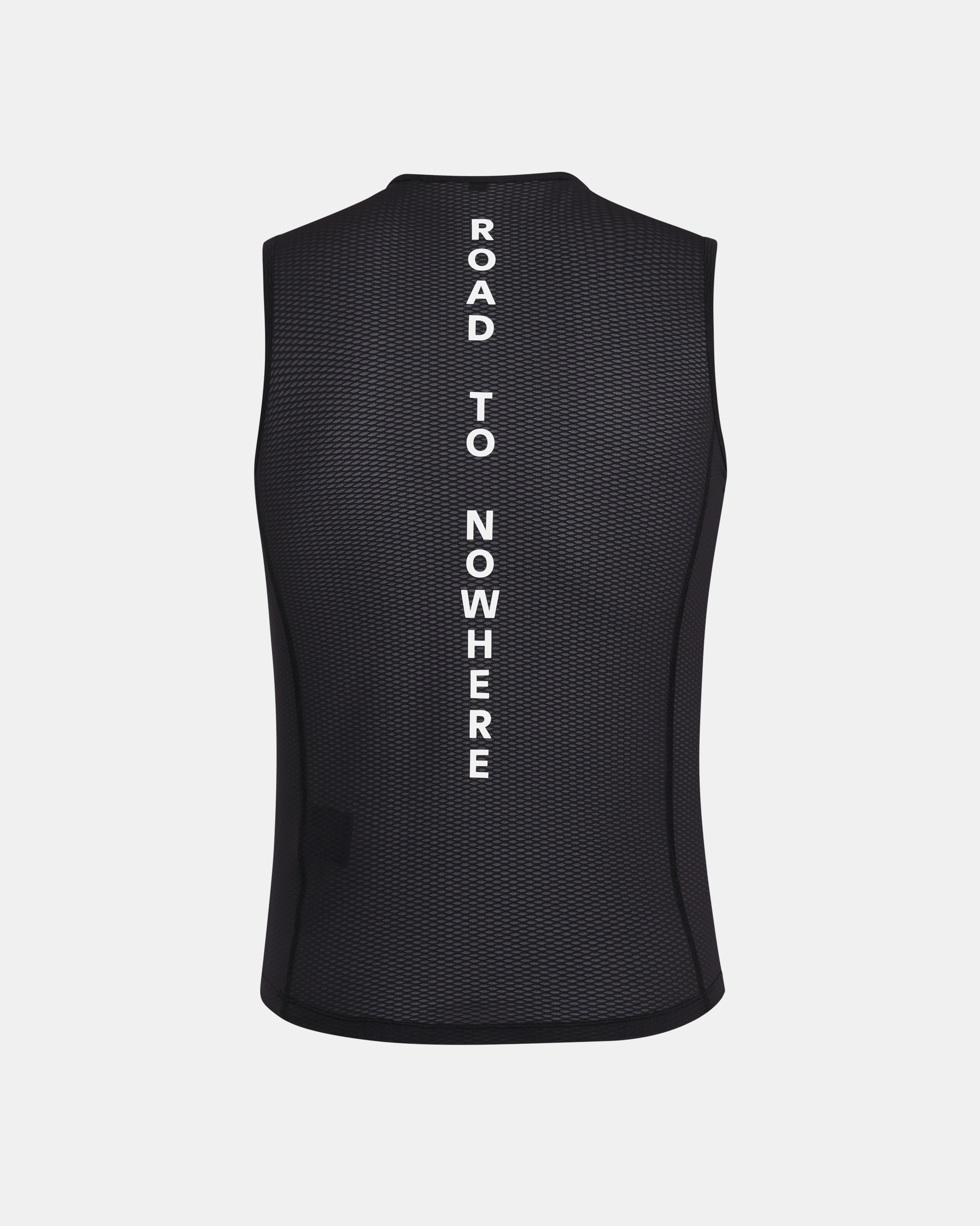 Black Mechanism sleeveless base layer, rear view with vertical ROAD TO NOWHERE white text print