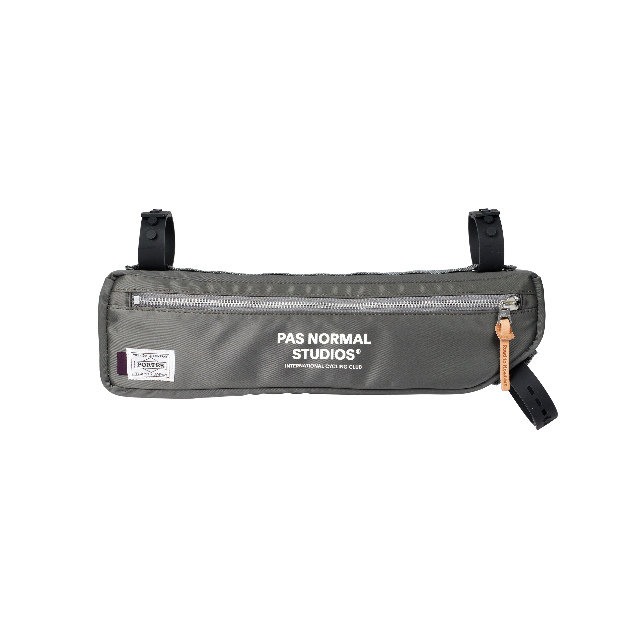 Grey Porter-Yoshida frame bag, front flat lay with silver zip and leather zip pull
