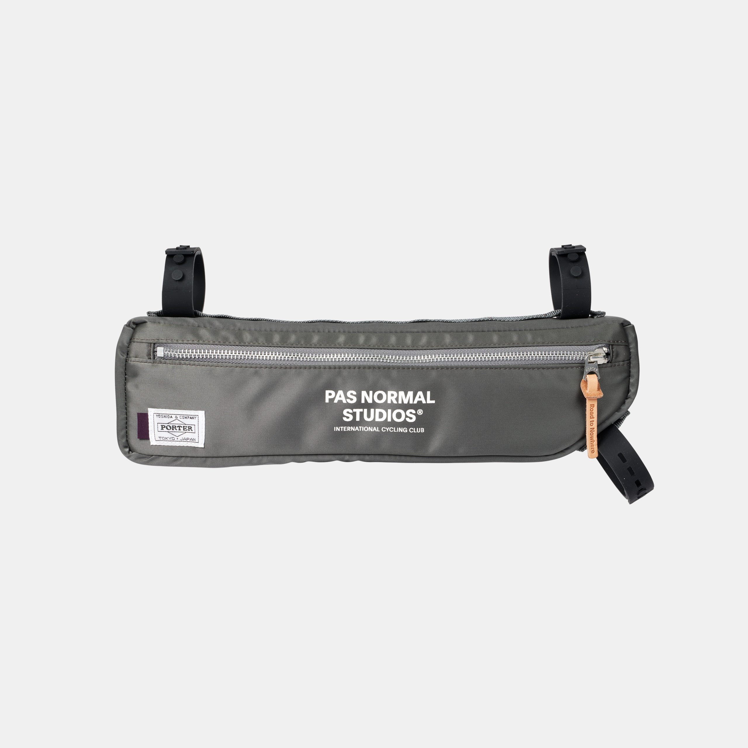 Grey Porter-Yoshida frame bag, front flat lay with silver zip and leather zip pull