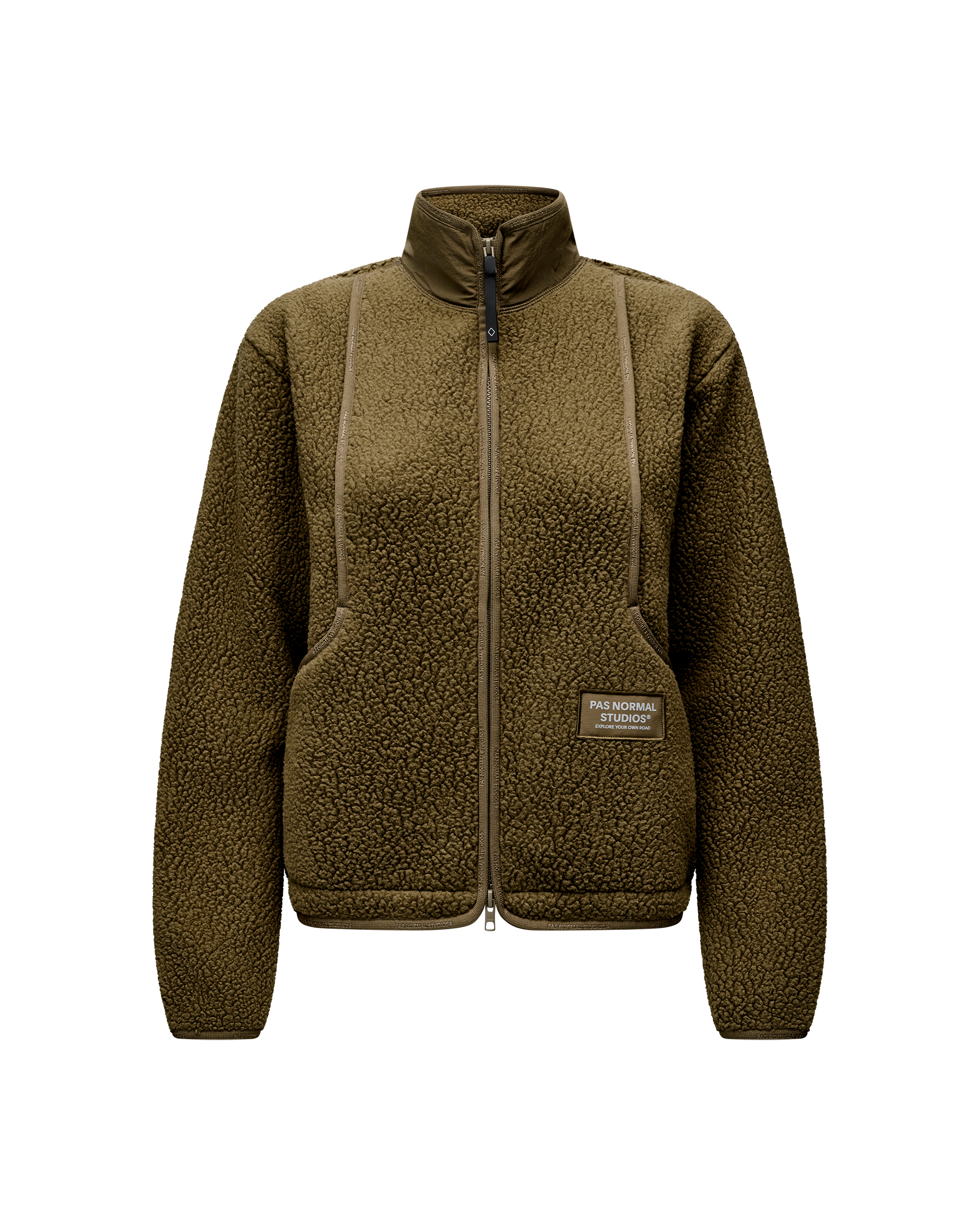 Deep Olive Off-Race Pile Fleece jacket, front flat lay with full zip and sherpa texture
