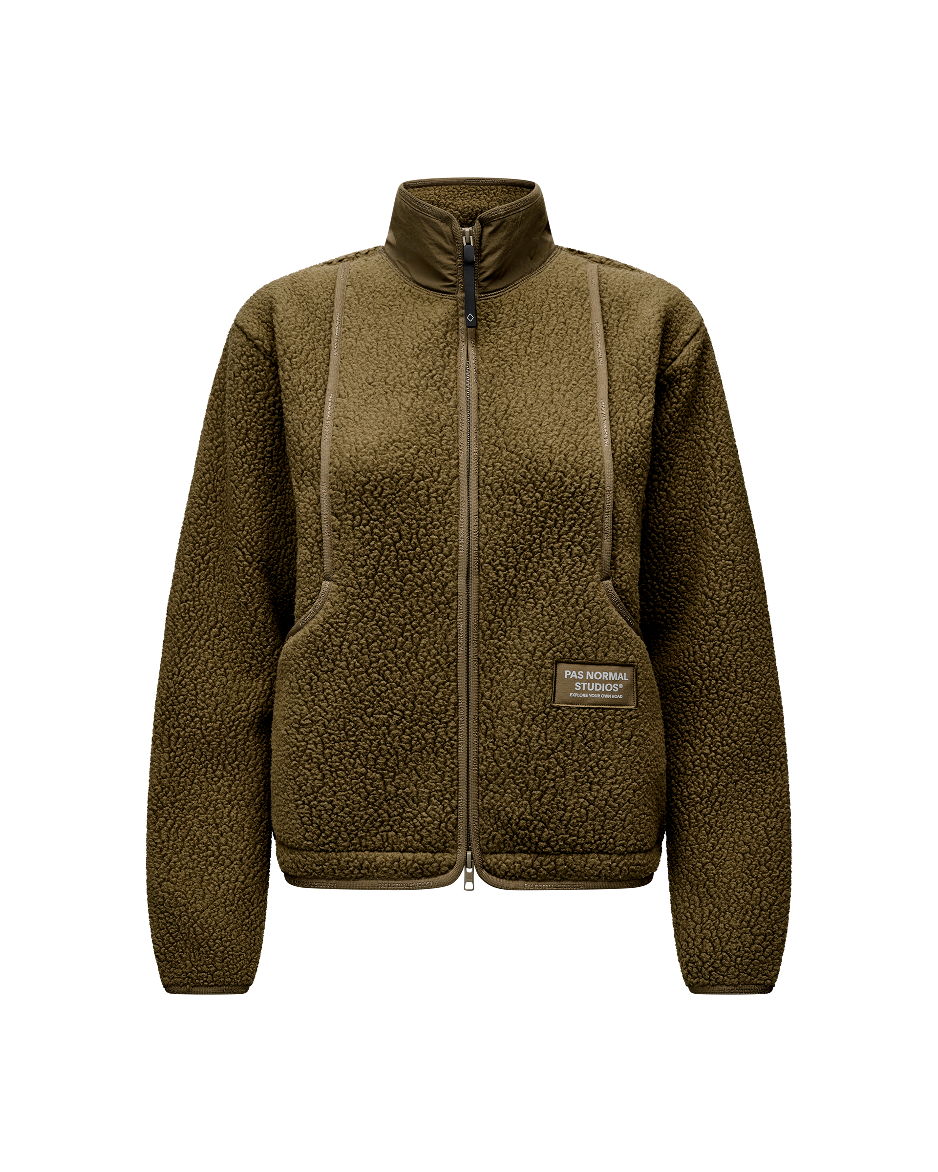Deep Olive Off-Race Pile Fleece jacket, front flat lay with full zip and sherpa texture