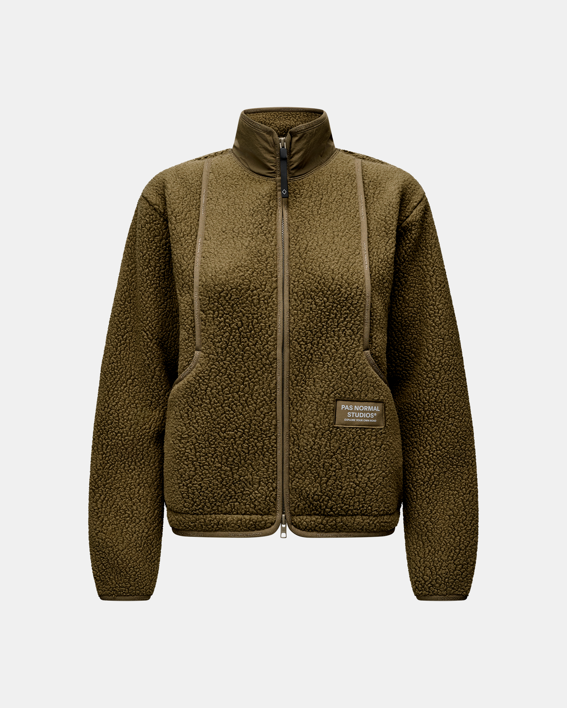 Deep Olive Off-Race Pile Fleece jacket, front flat lay with full zip and sherpa texture