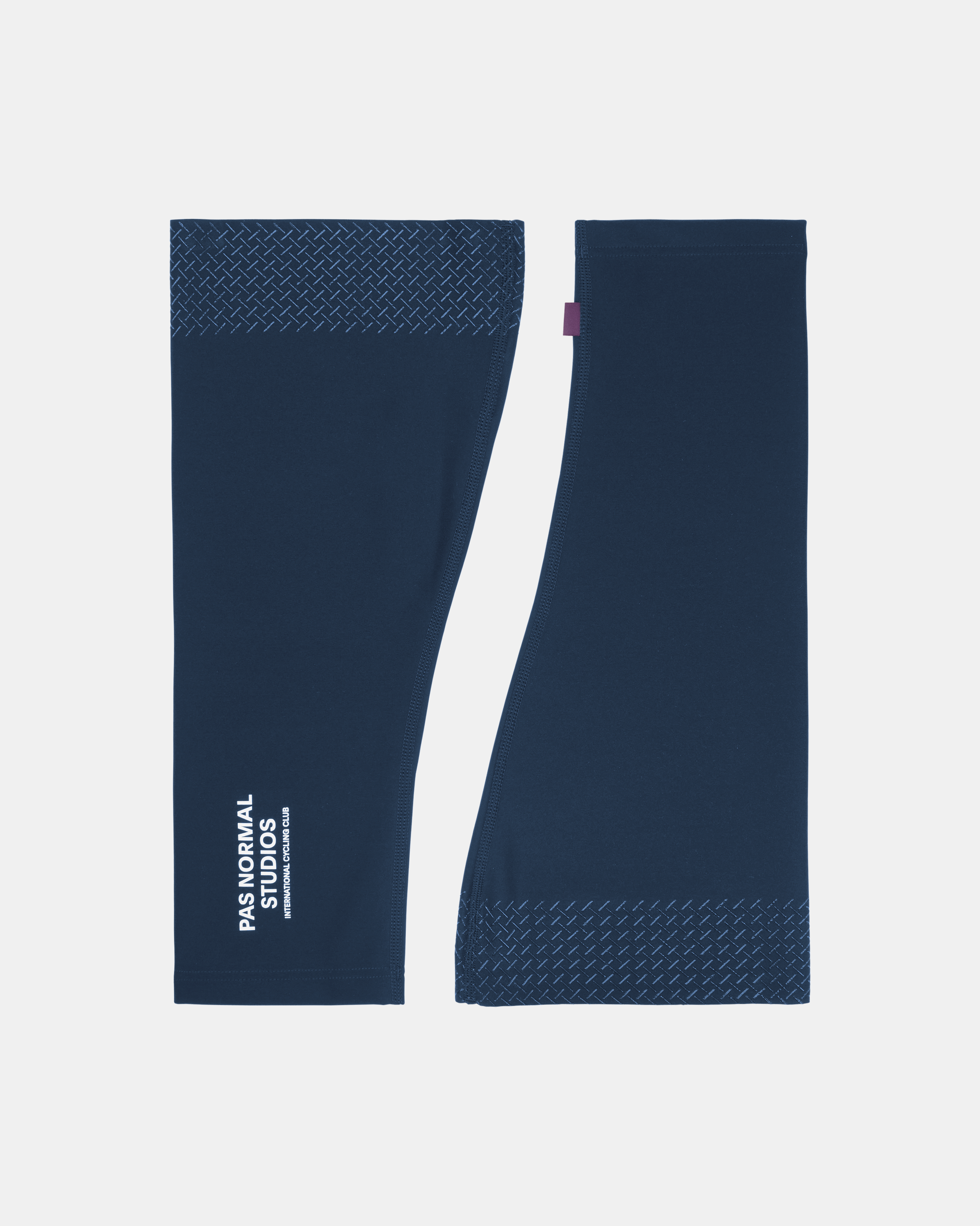 Navy Logo knee warmers, flat lay pair with textured cuff panels and white logo