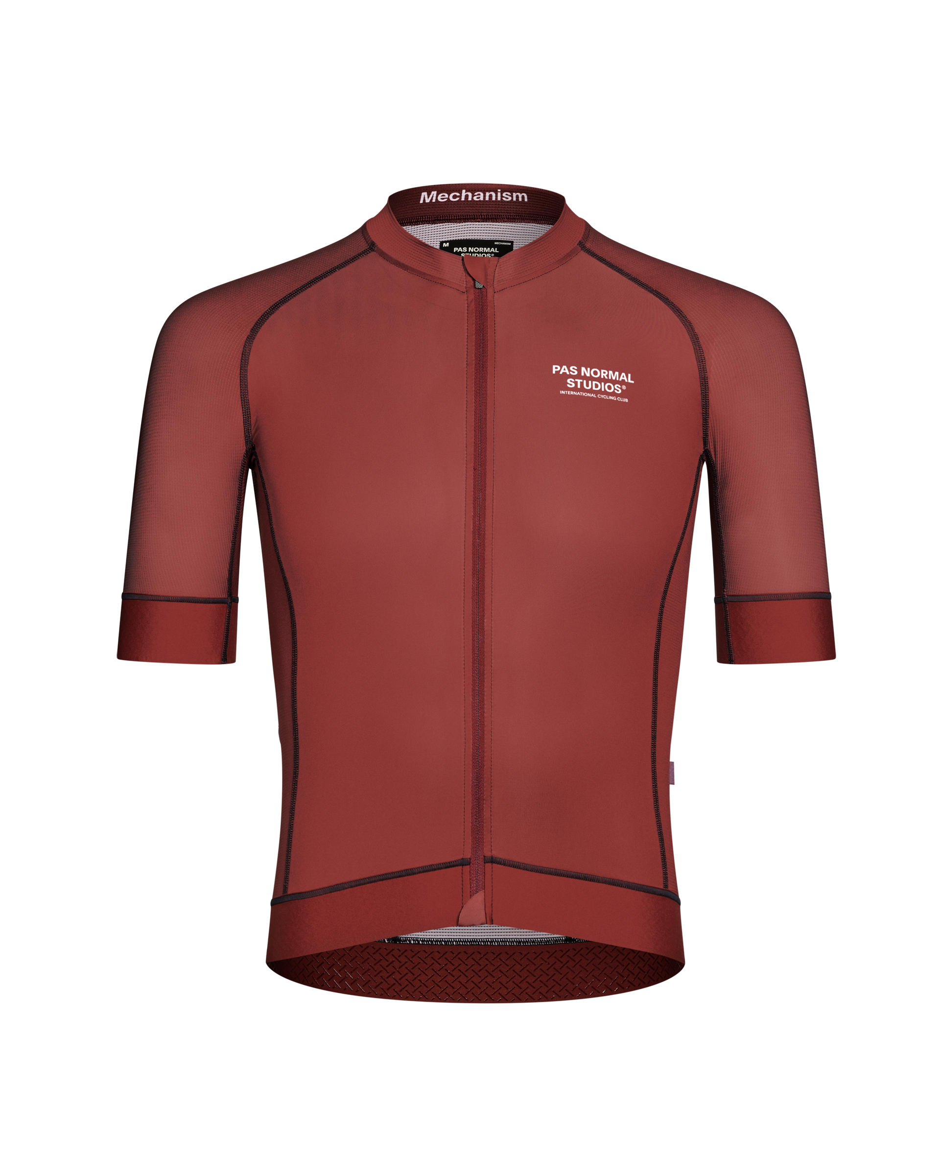 Maroon Mechanism cycling jersey, front view with contrast seam detailing