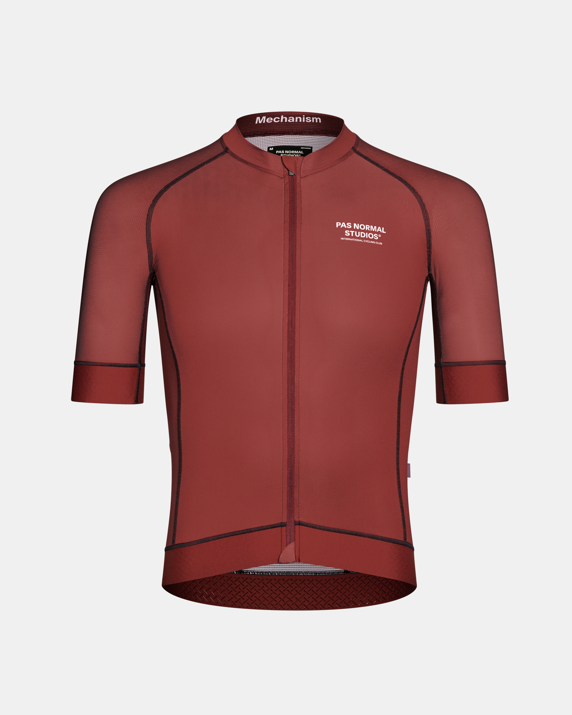 Maroon Mechanism cycling jersey, front view with contrast seam detailing