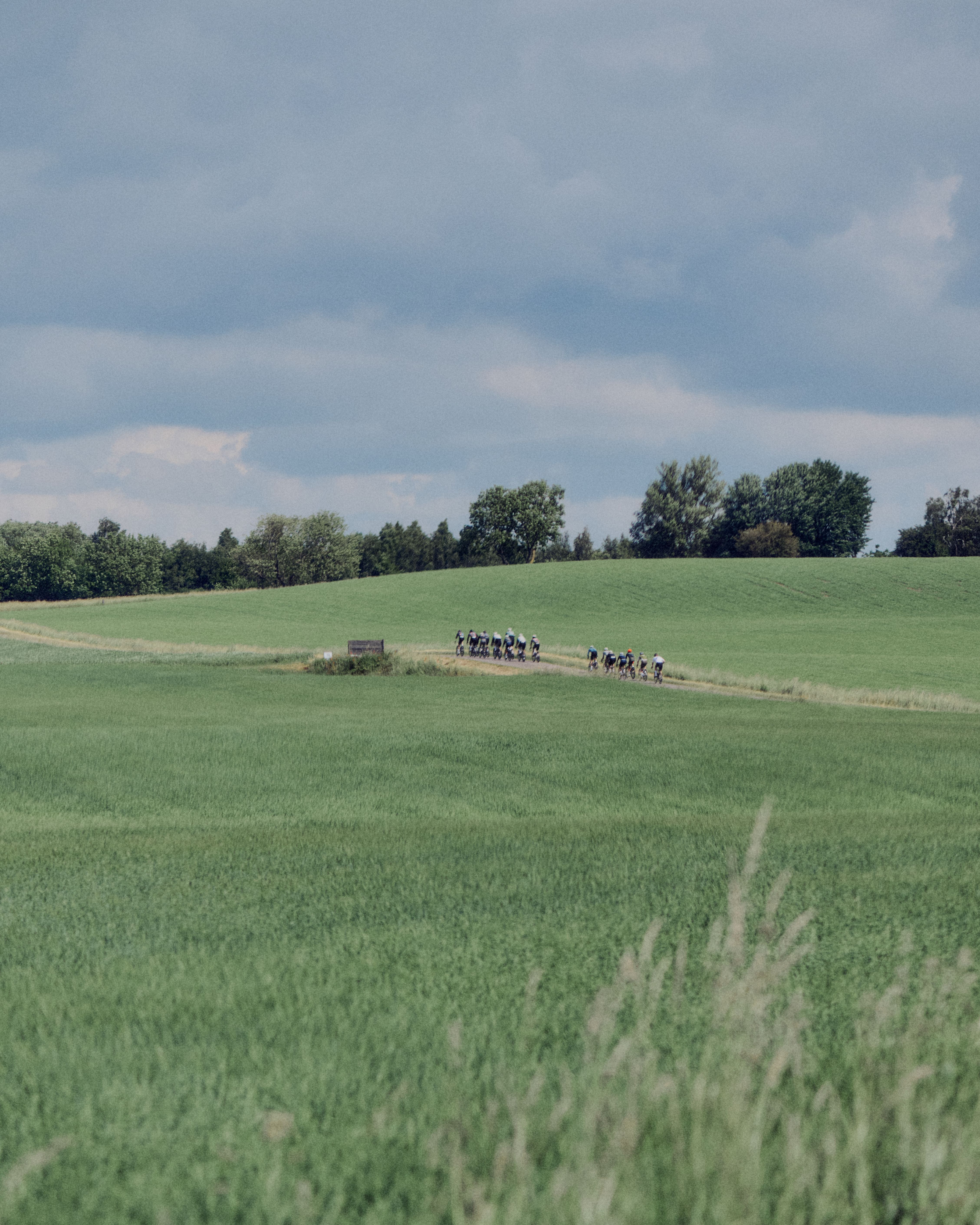 Cycling group riding through green countryside fields under cloudy sky
