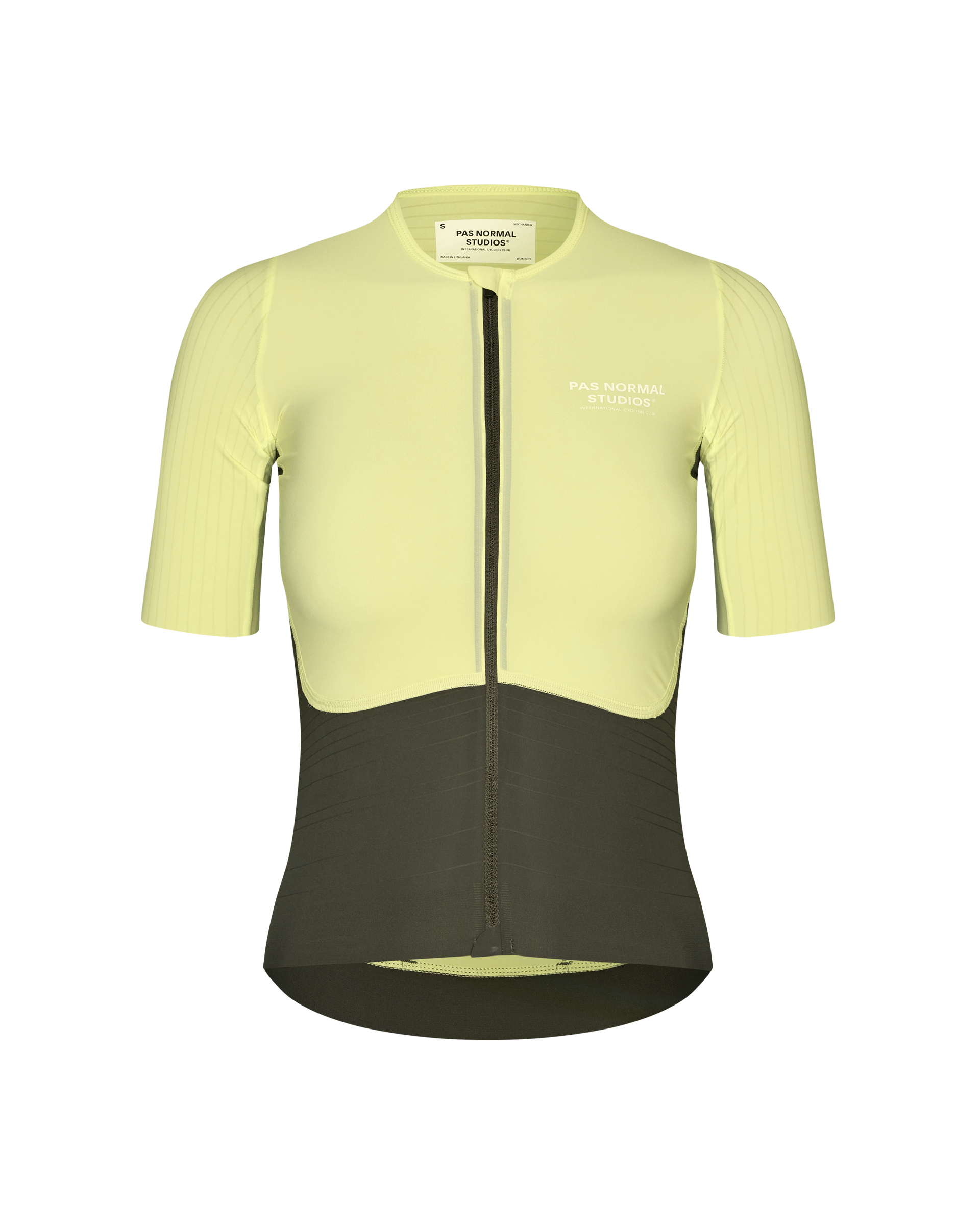 Light Green Mechanism Pro cycling jersey, front view with dark olive lower panel