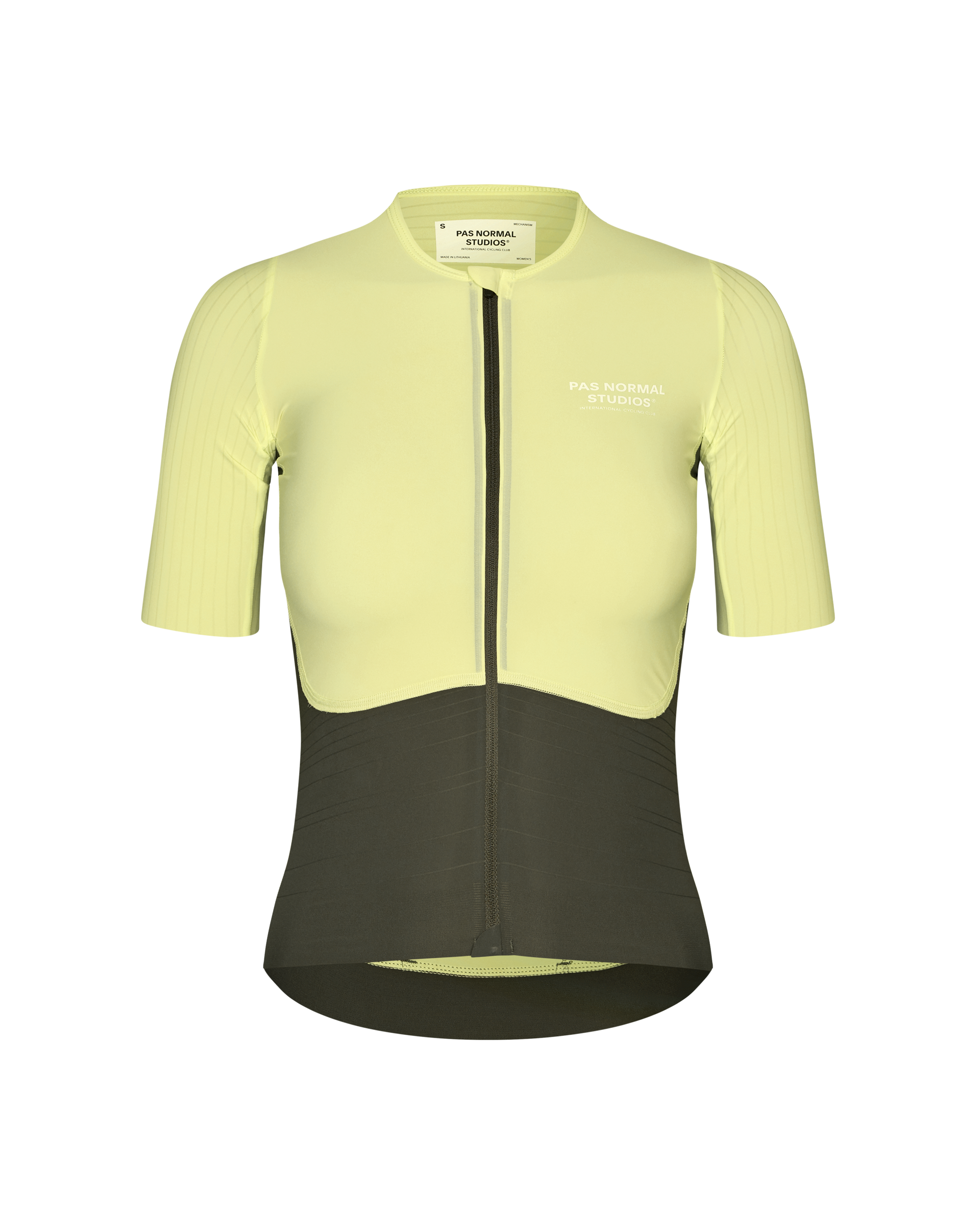 Light Green Mechanism Pro cycling jersey, front view with dark olive lower panel