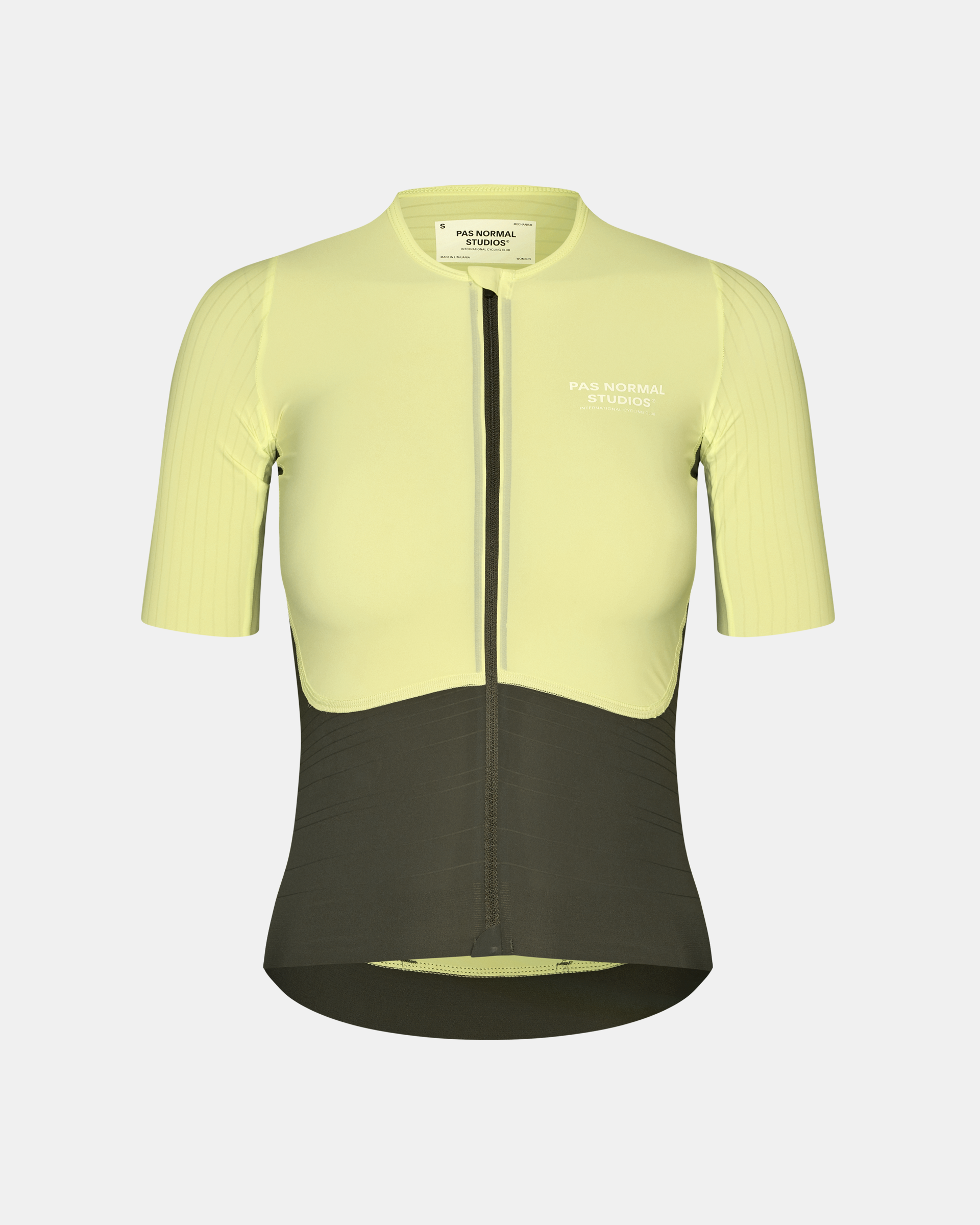 Light Green Mechanism Pro cycling jersey, front view with dark olive lower panel
