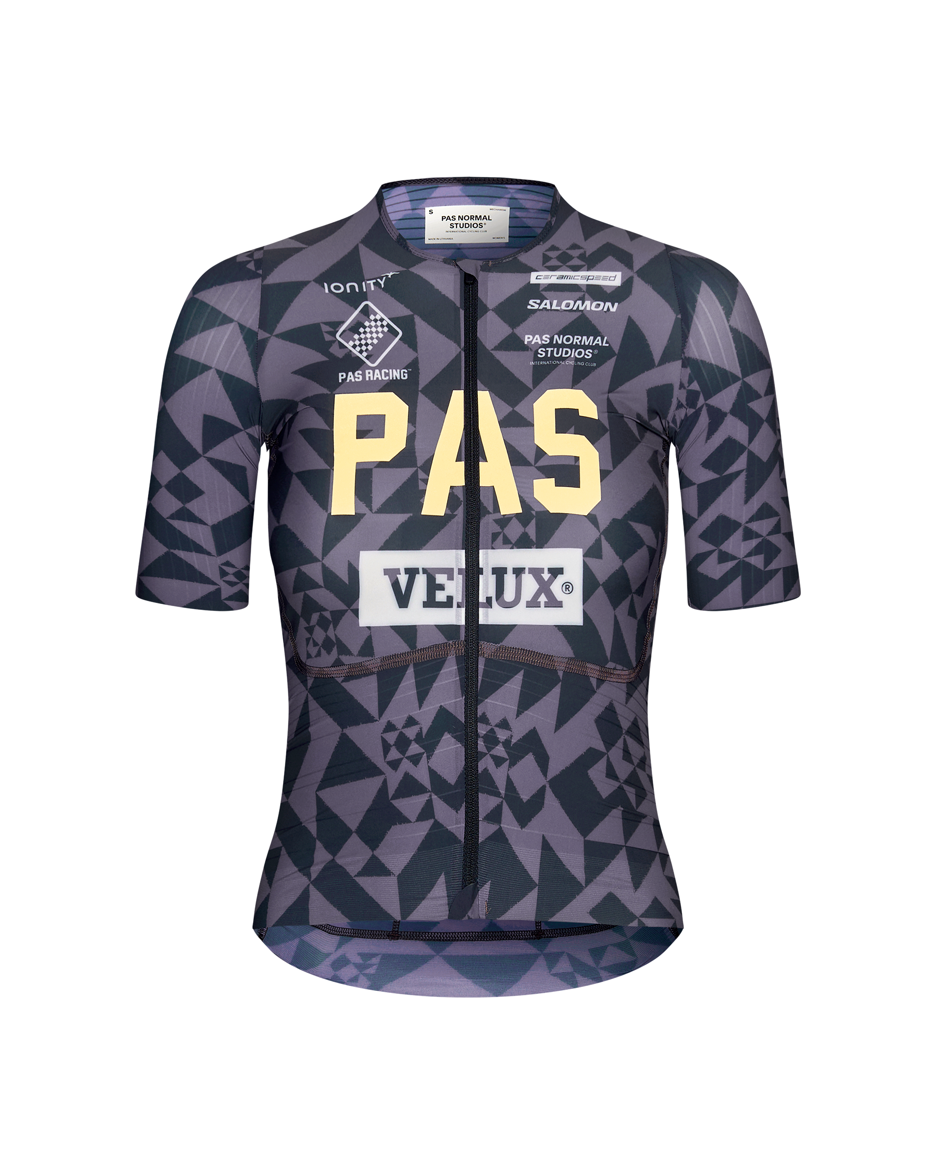 Origami Grey PAS Mechanism Pro women's cycling jersey, front flat lay with geometric print and sponsor logos