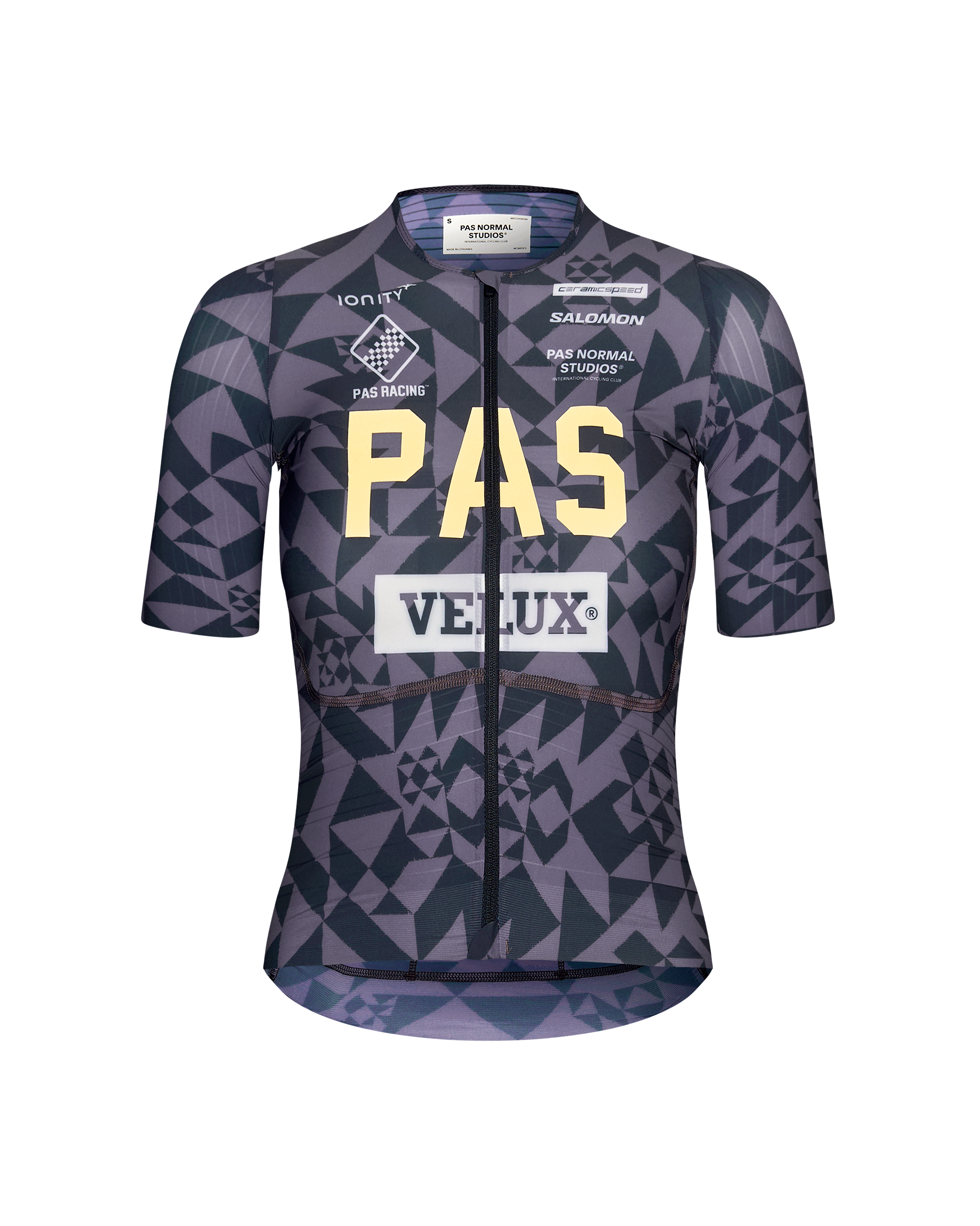 Origami Grey PAS Mechanism Pro women's cycling jersey, front flat lay with geometric print and sponsor logos
