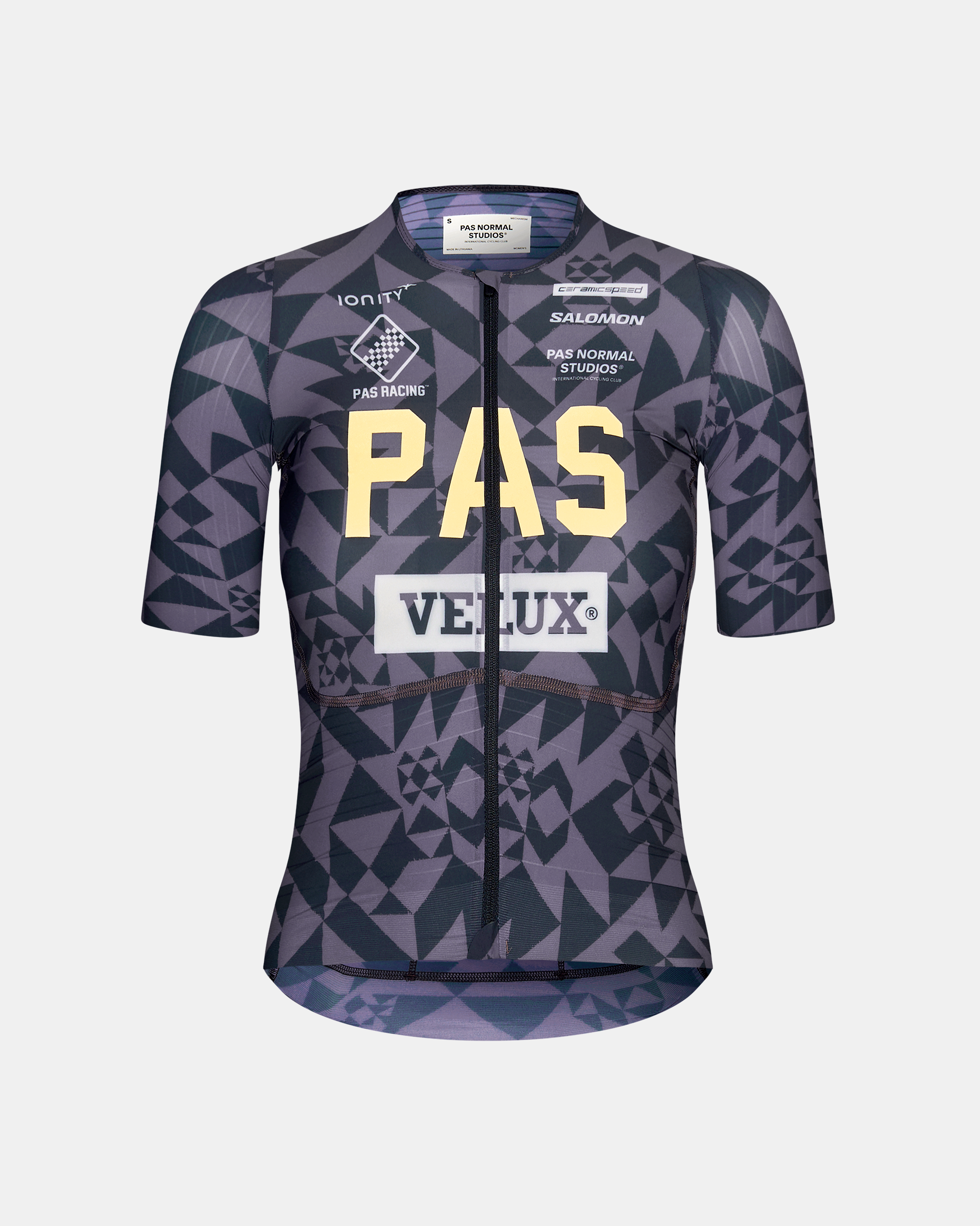 Origami Grey PAS Mechanism Pro women's cycling jersey, front flat lay with geometric print and sponsor logos
