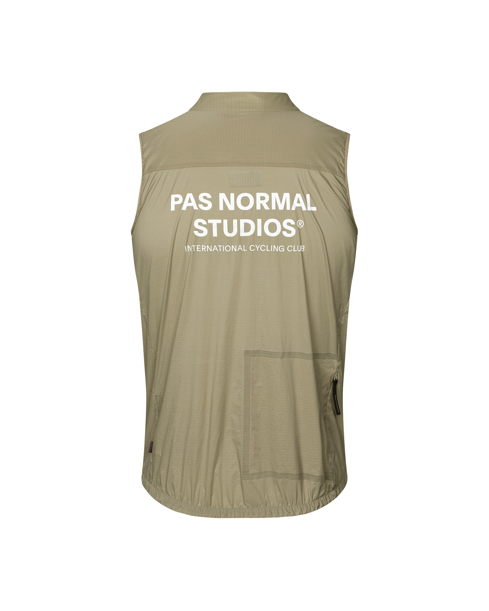 Grey Sage Essential cycling gilet, rear flat lay with white back print and side zip pocket