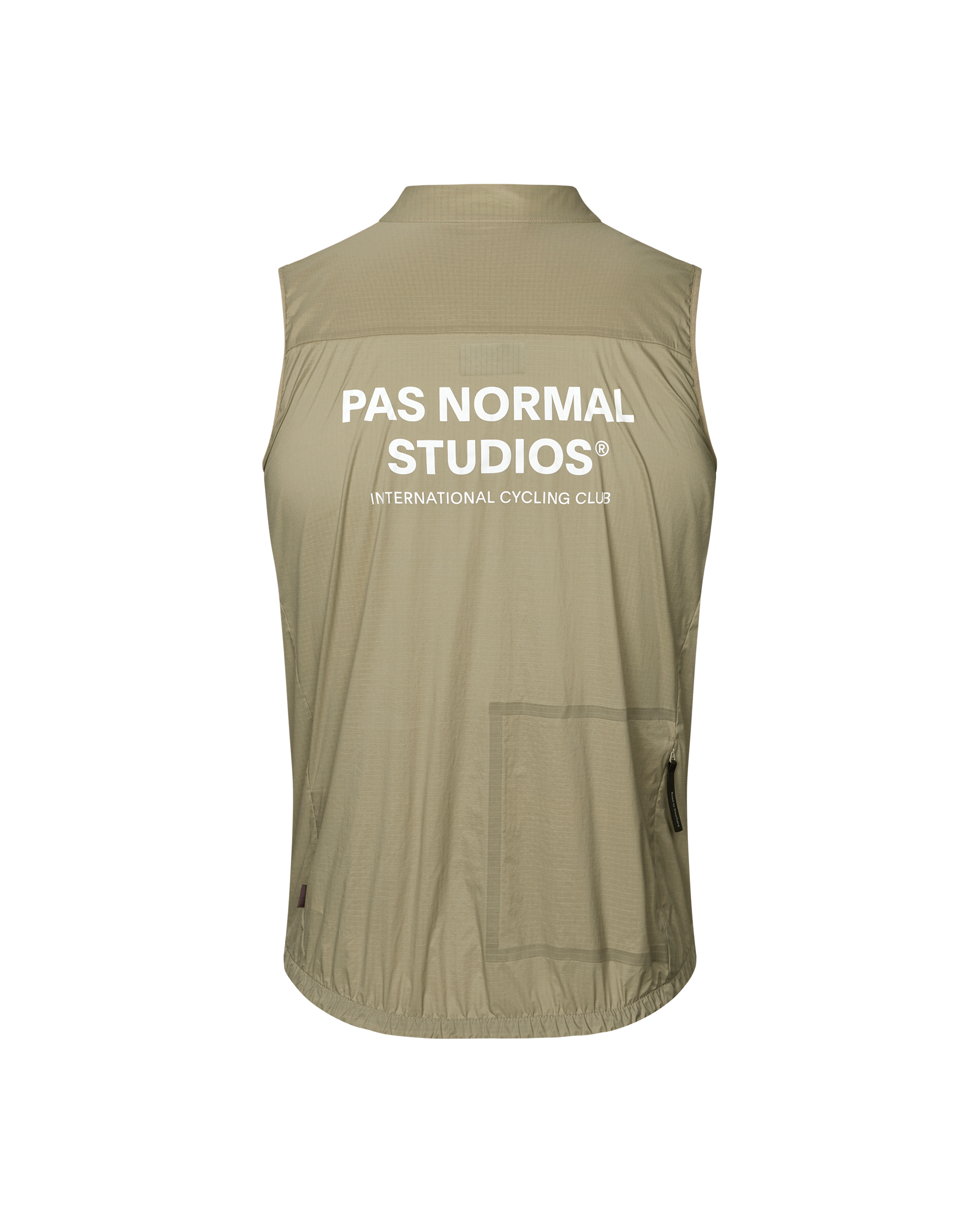 Grey Sage Essential cycling gilet, rear flat lay with white back print and side zip pocket