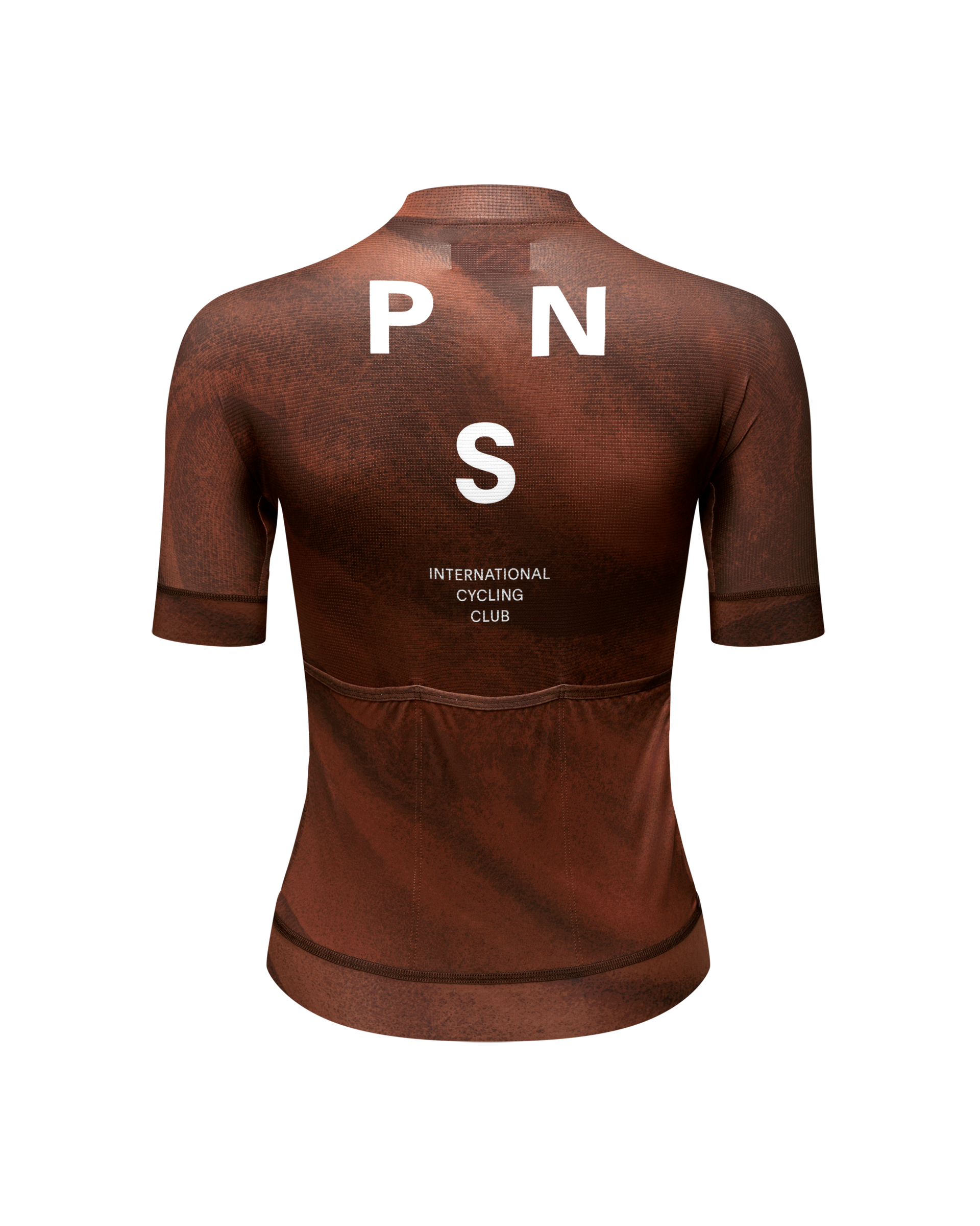 Brown Mechanism cycling jersey, rear view with white PNS logo and rear pockets