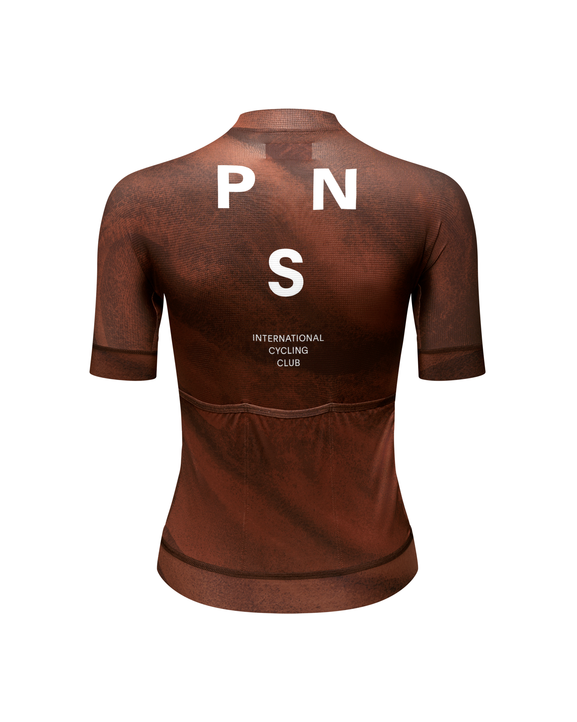 Brown Mechanism cycling jersey, rear view with white PNS logo and rear pockets