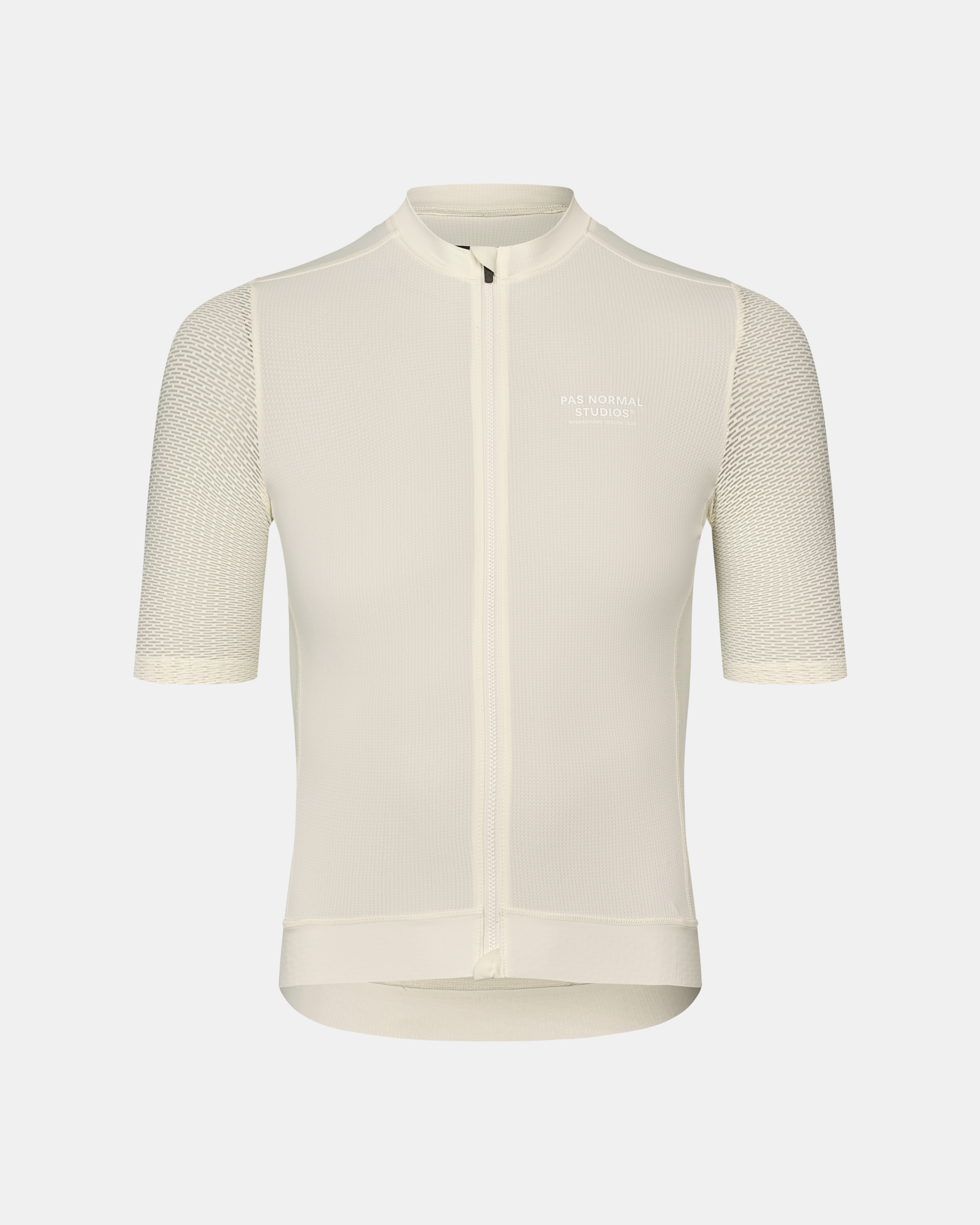 Off White Essential cycling jersey, front flat lay with mesh sleeves