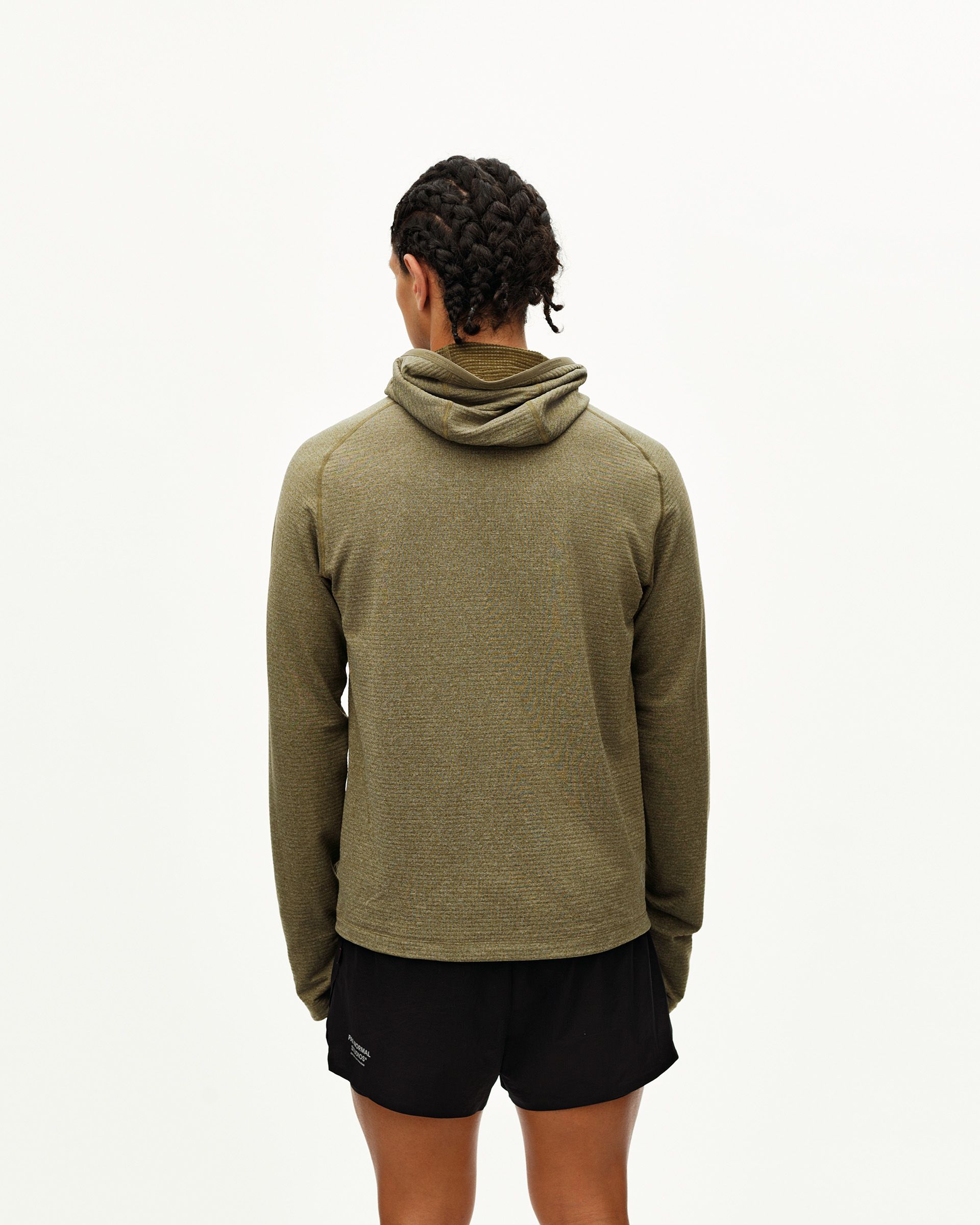 Moss Brown Balance Thermal hoodie on model, rear view with ribbed hood