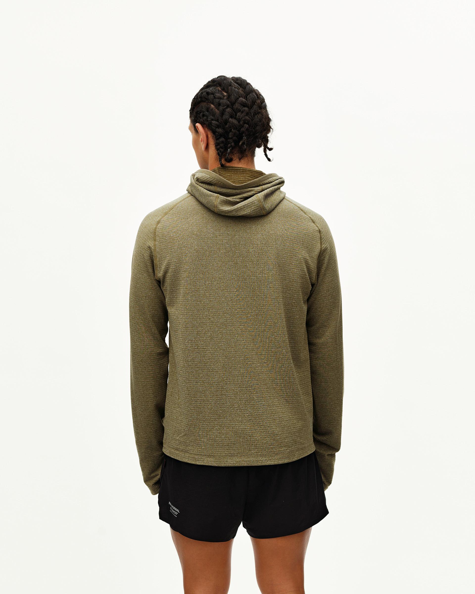 Moss Brown Balance Thermal hoodie on model, rear view with ribbed hood