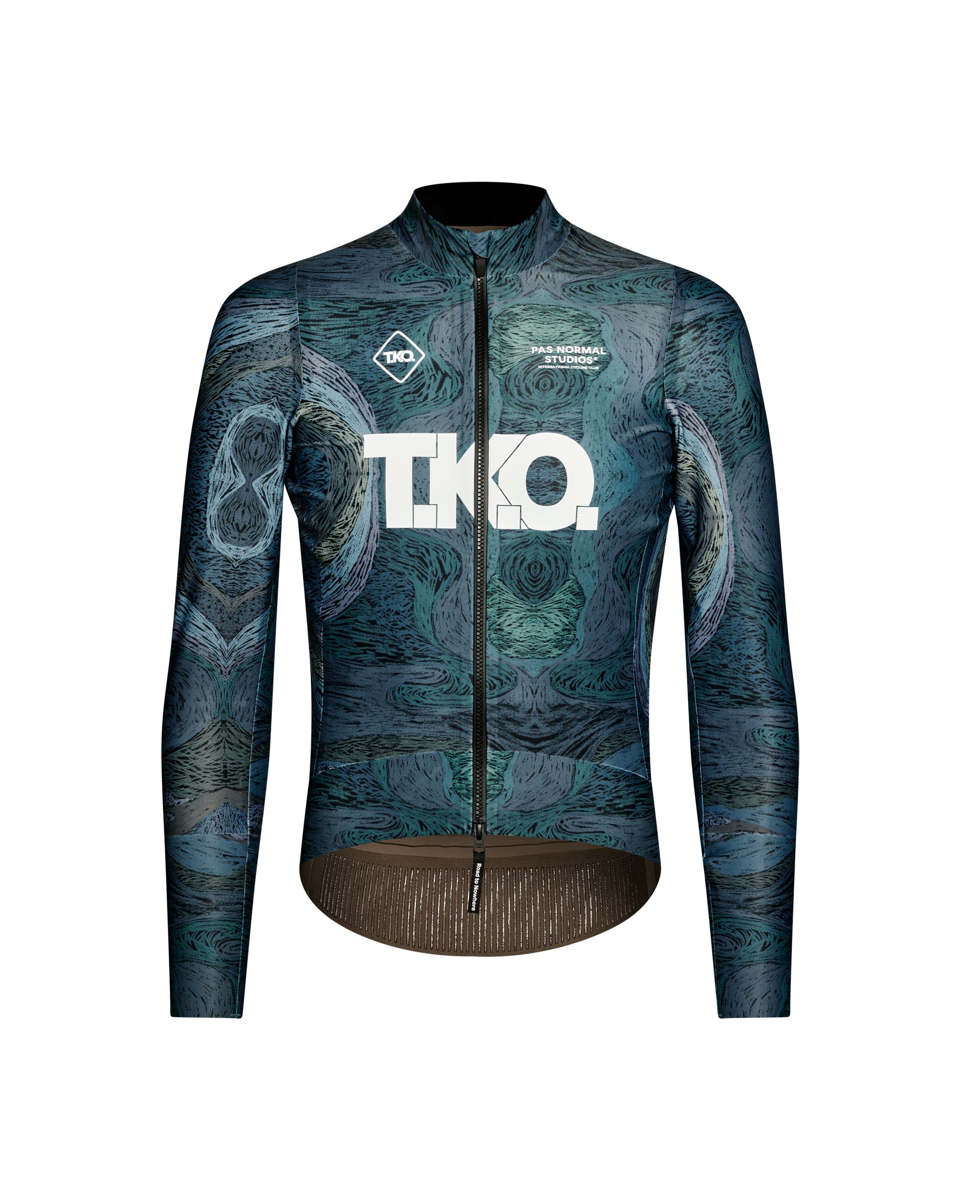 Dark Multi T.K.O. Mechanism Thermal cycling jacket, front flat lay with all-over woodgrain print and white chest logo