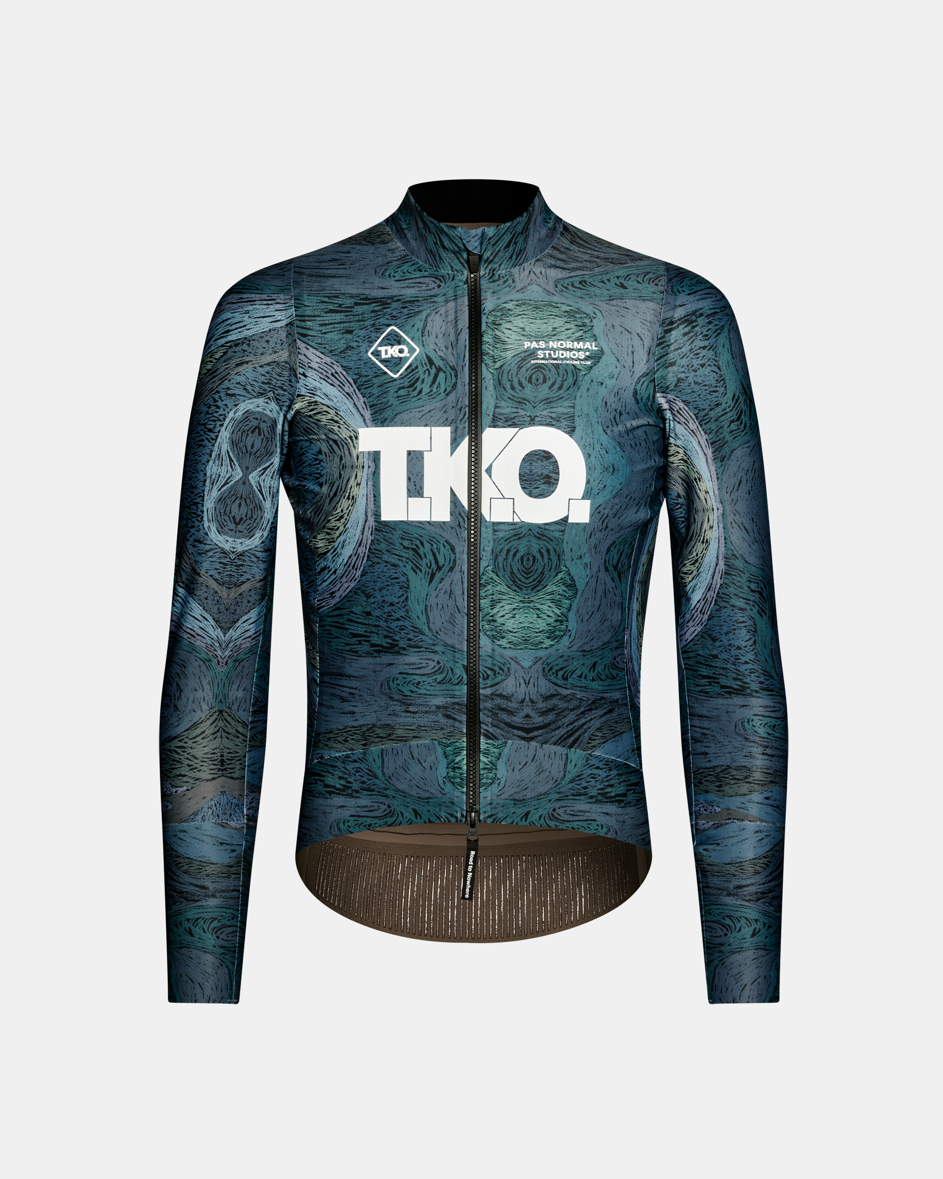 Dark Multi T.K.O. Mechanism Thermal cycling jacket, front flat lay with all-over woodgrain print and white chest logo