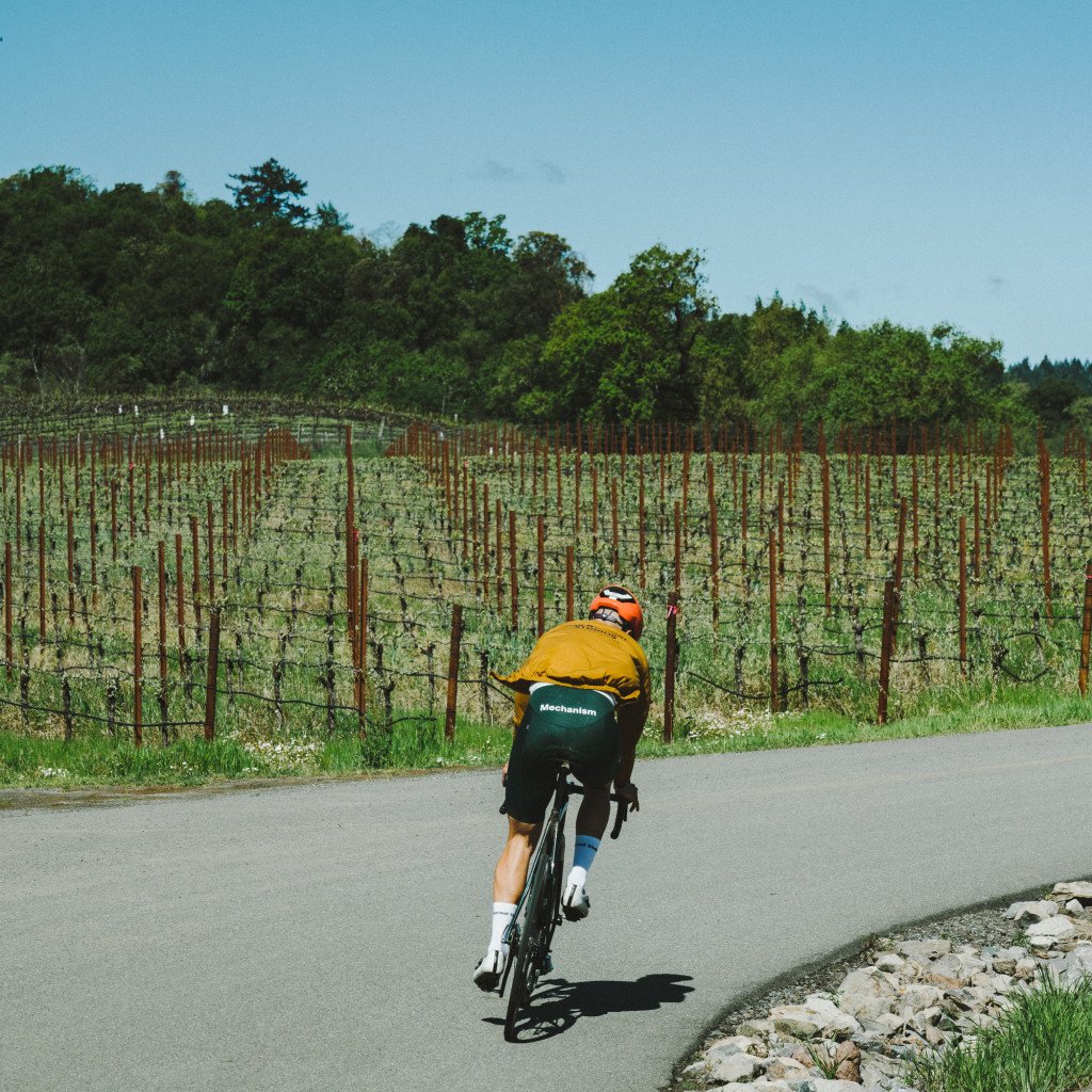 Model wearing yellow Mechanism Jersey cycling through Sonoma vineyard countryside