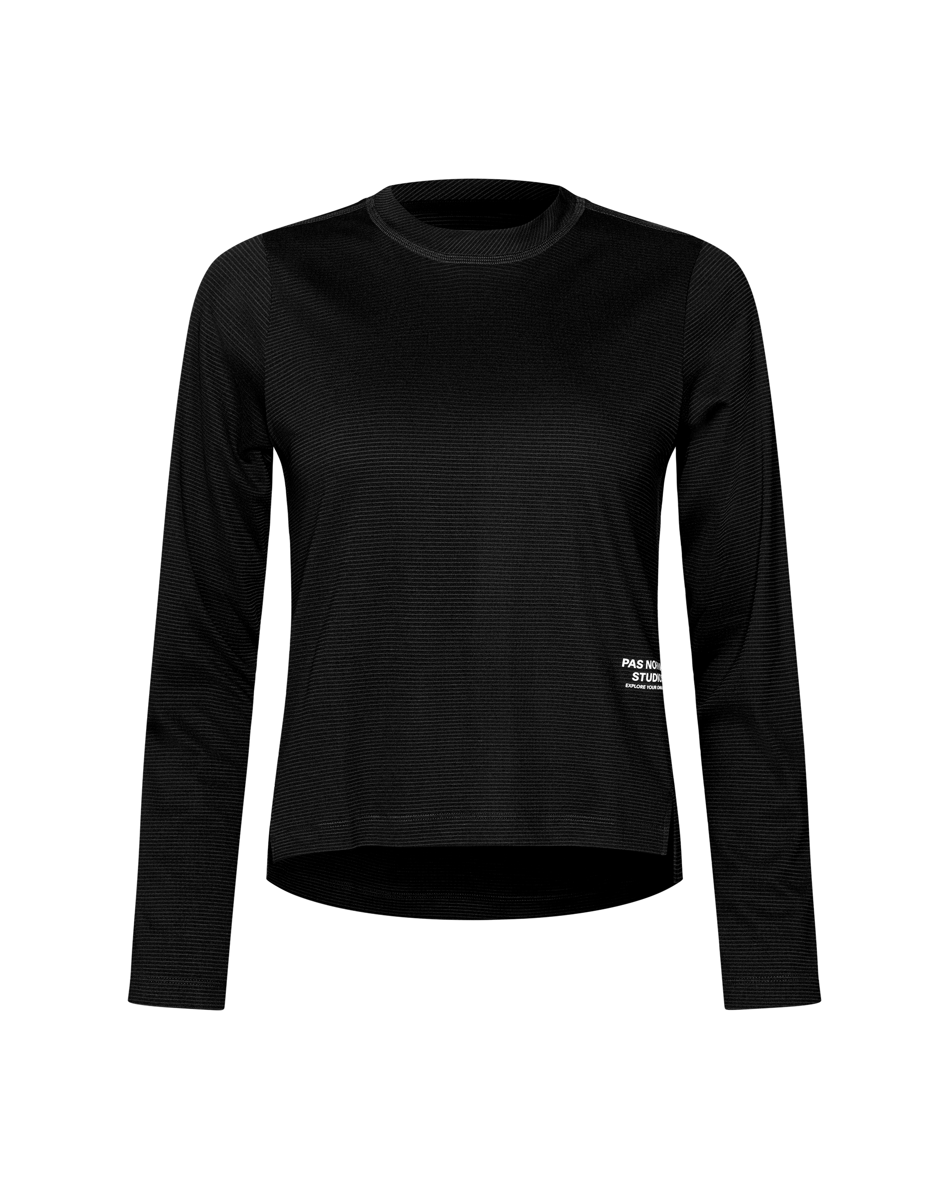 Black Balance Long Sleeve T-Shirt, front flat lay with ribbed texture and small white chest logo