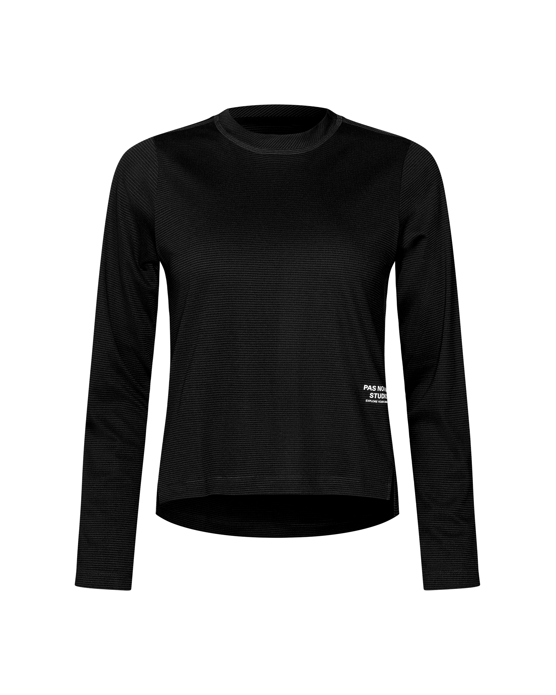 Black Balance Long Sleeve T-Shirt, front flat lay with ribbed texture and small white chest logo