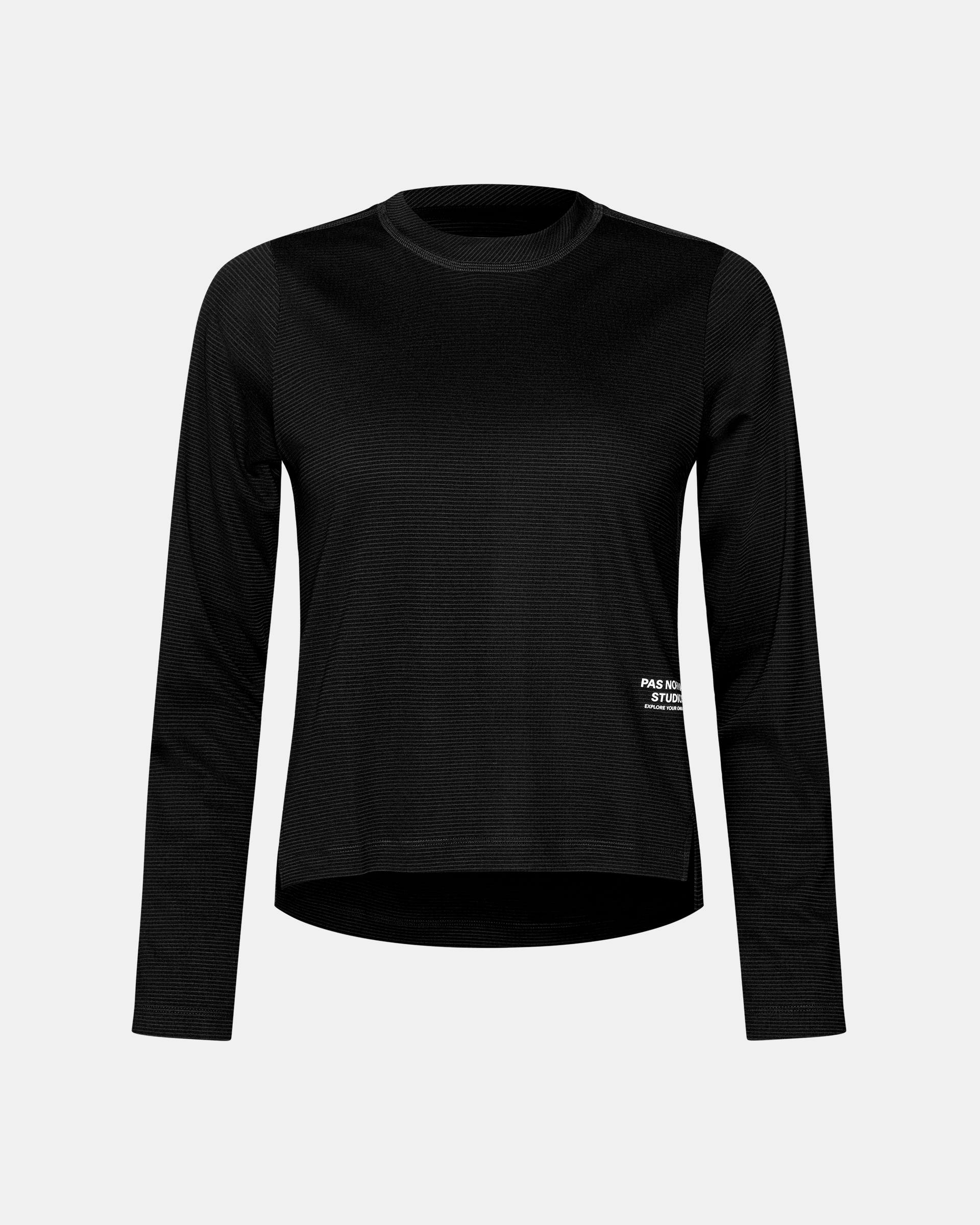 Black Balance Long Sleeve T-Shirt, front flat lay with ribbed texture and small white chest logo