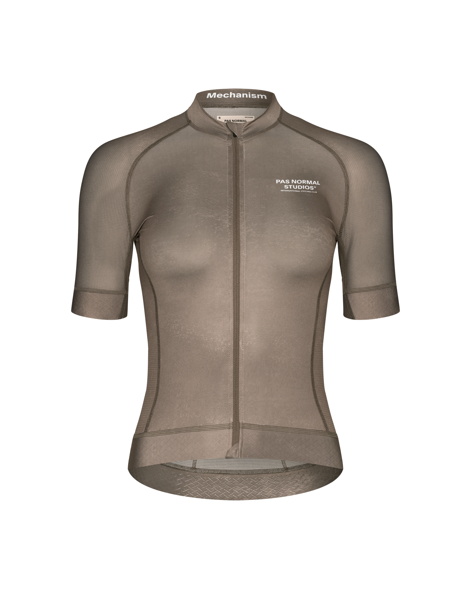 Earth Mechanism cycling jersey front view with contrast stitching and textured hem panel