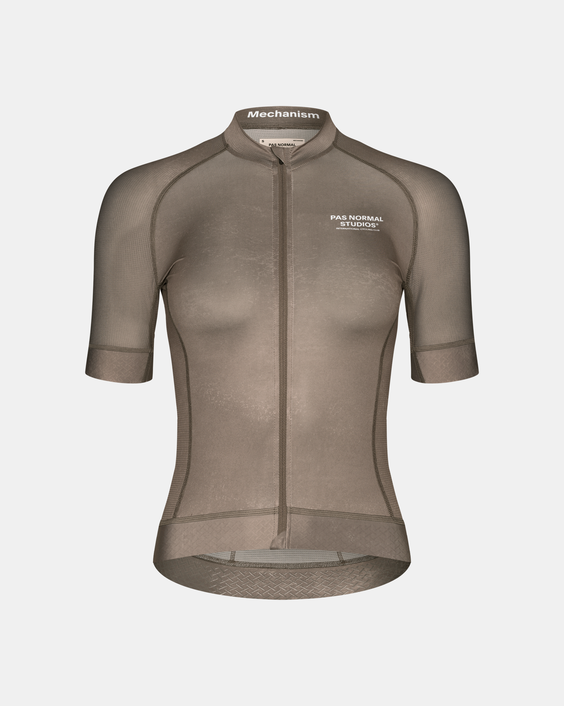 Earth Mechanism cycling jersey front view with contrast stitching and textured hem panel