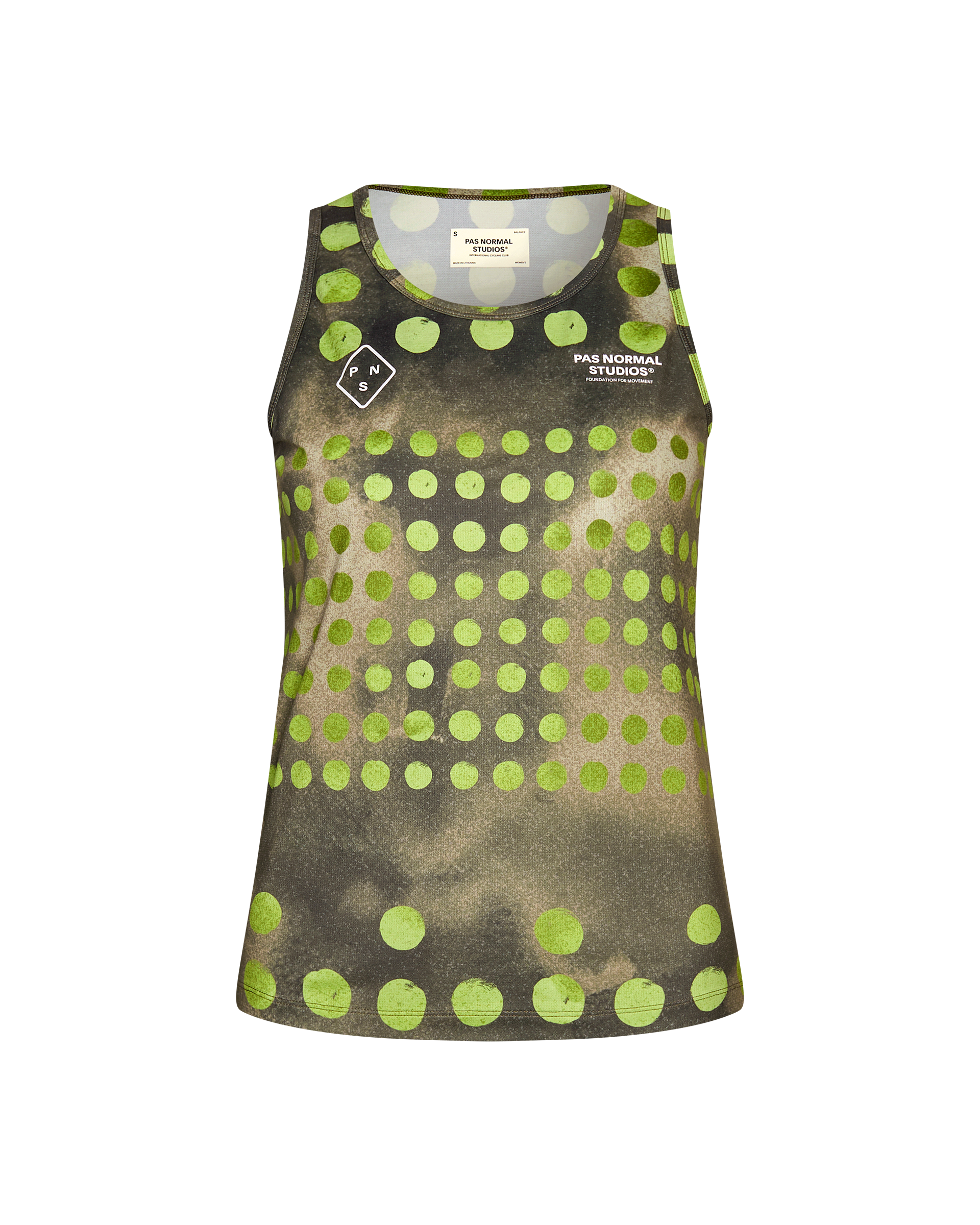 Green T.K.O. Balance singlet, front flat lay with lime green polka dot print