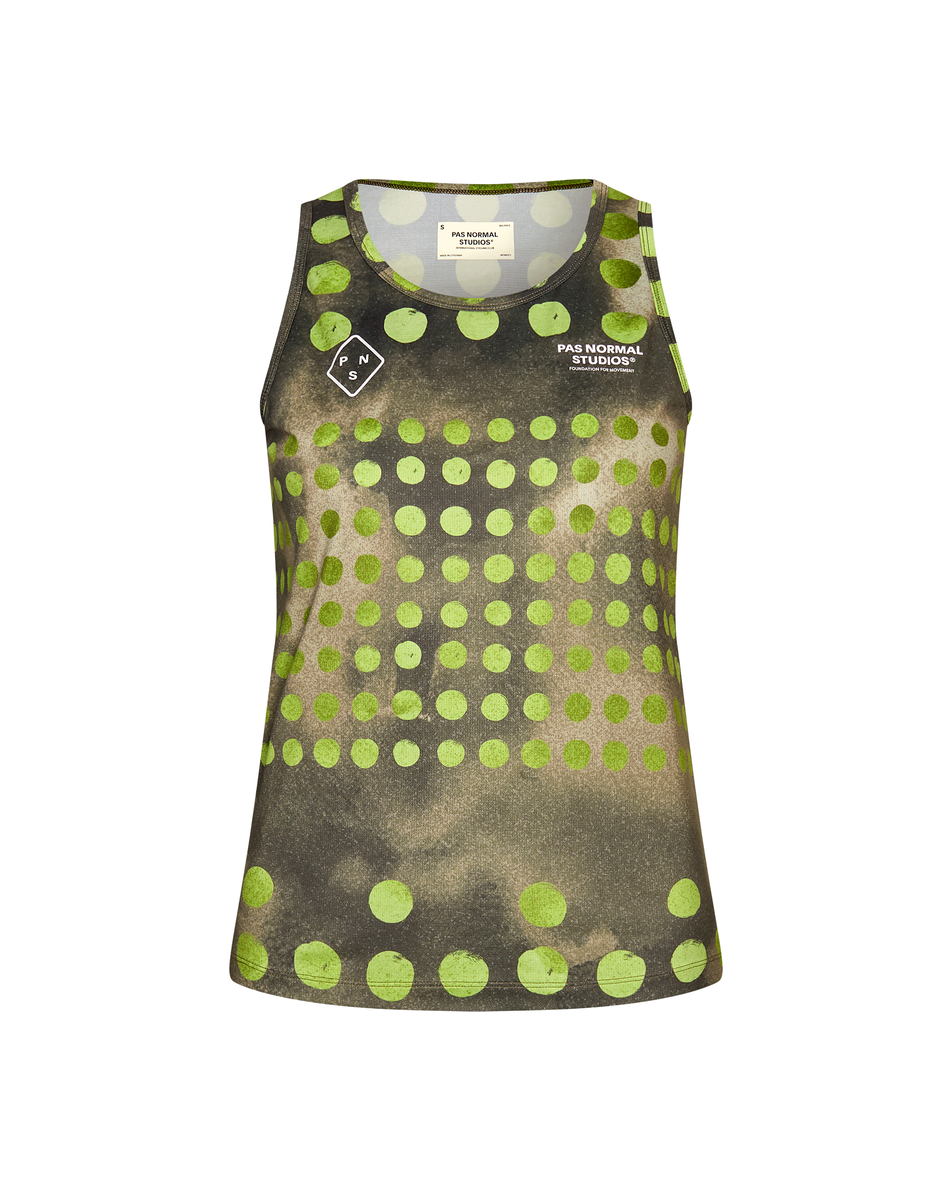 Green T.K.O. Balance singlet, front flat lay with lime green polka dot print