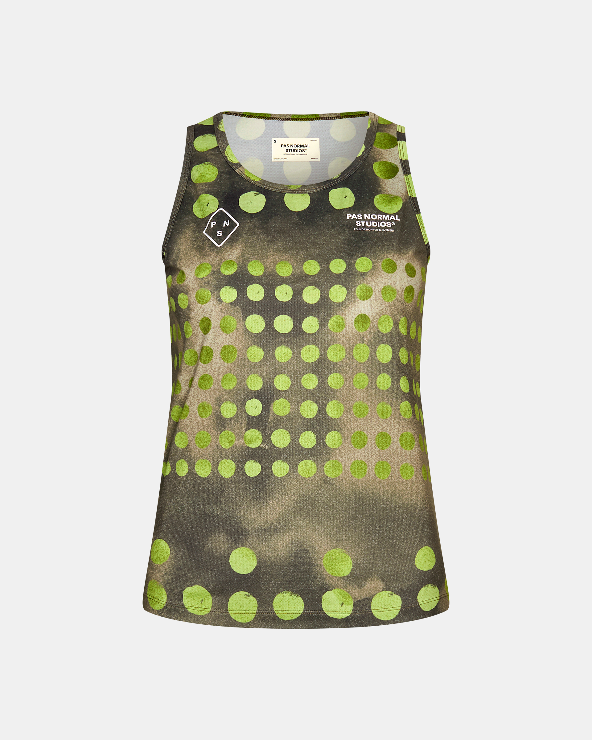 Green T.K.O. Balance singlet, front flat lay with lime green polka dot print