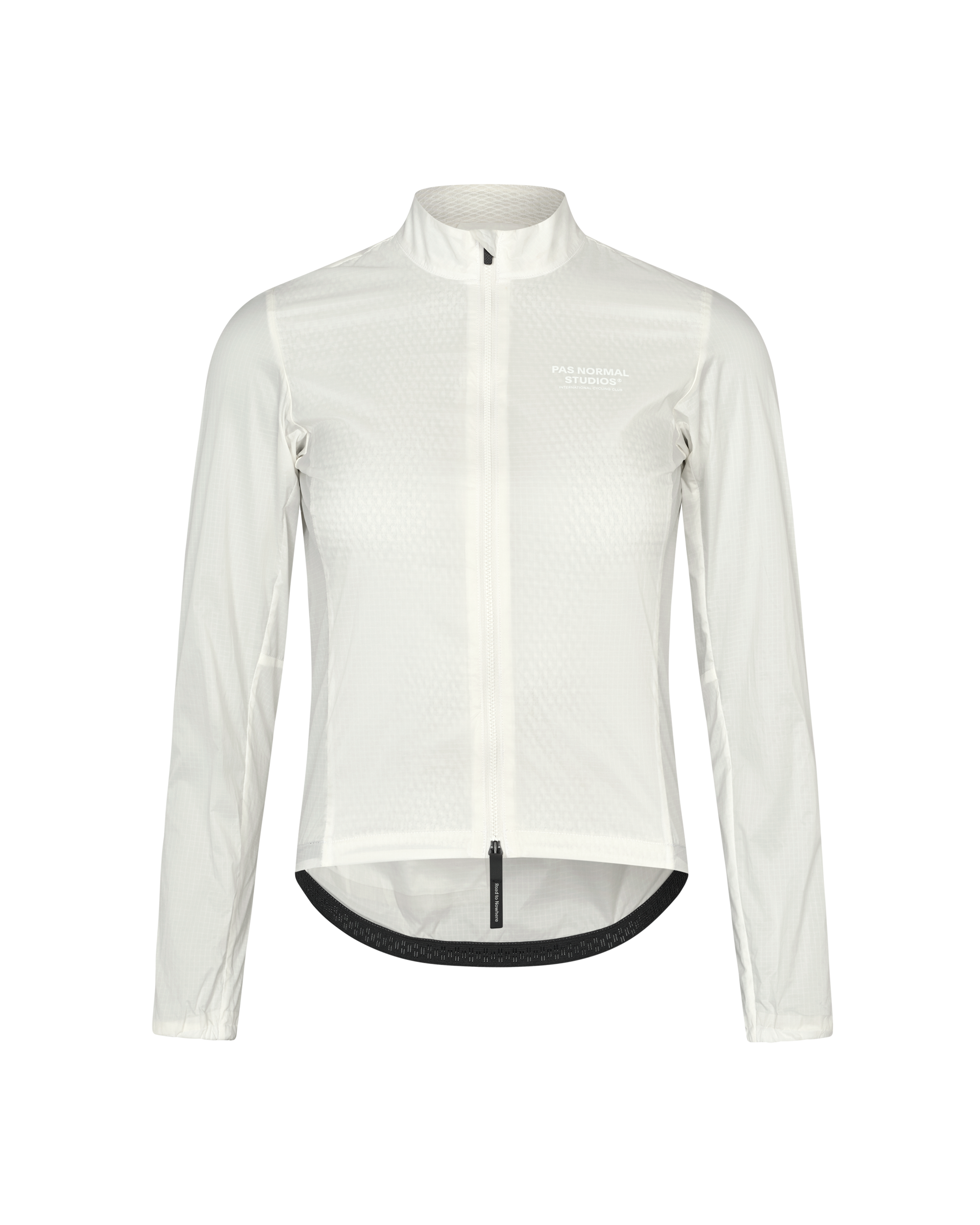 Off White Essential Insulated cycling jacket, front flat lay with full zip and black ribbed hem