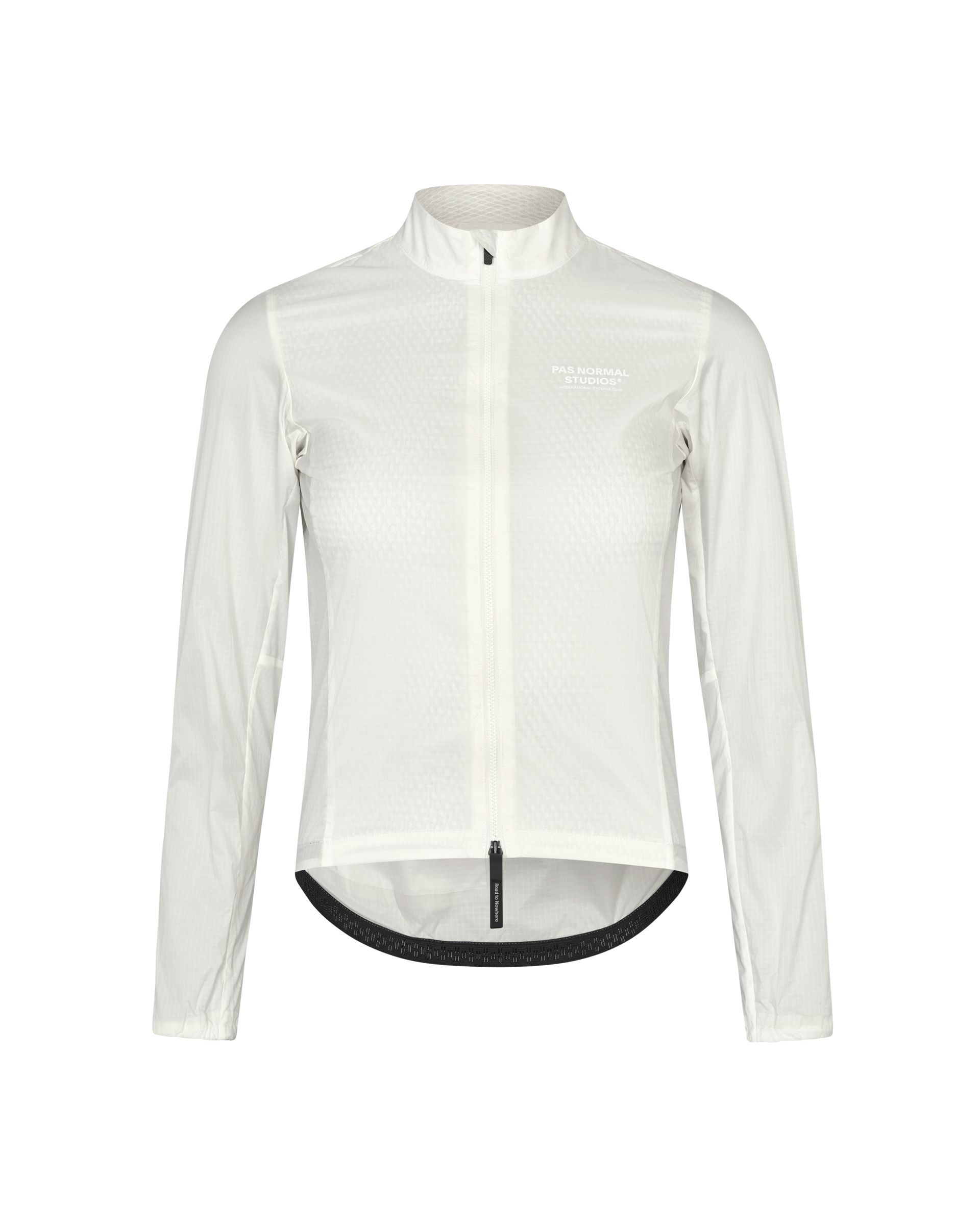 Off White Essential Insulated cycling jacket, front flat lay with full zip and black ribbed hem