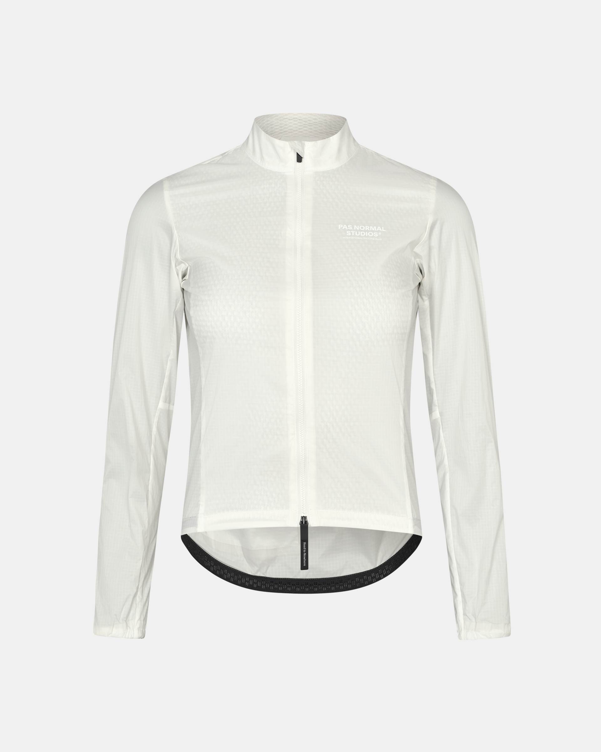 Off White Essential Insulated cycling jacket, front flat lay with full zip and black ribbed hem