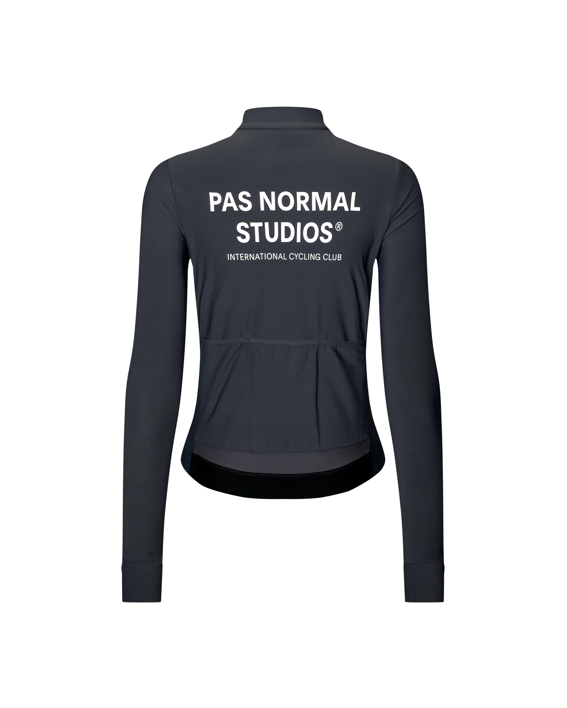 Dark Navy Mechanism women's long sleeve cycling jersey, rear flat lay with white back print and three pockets