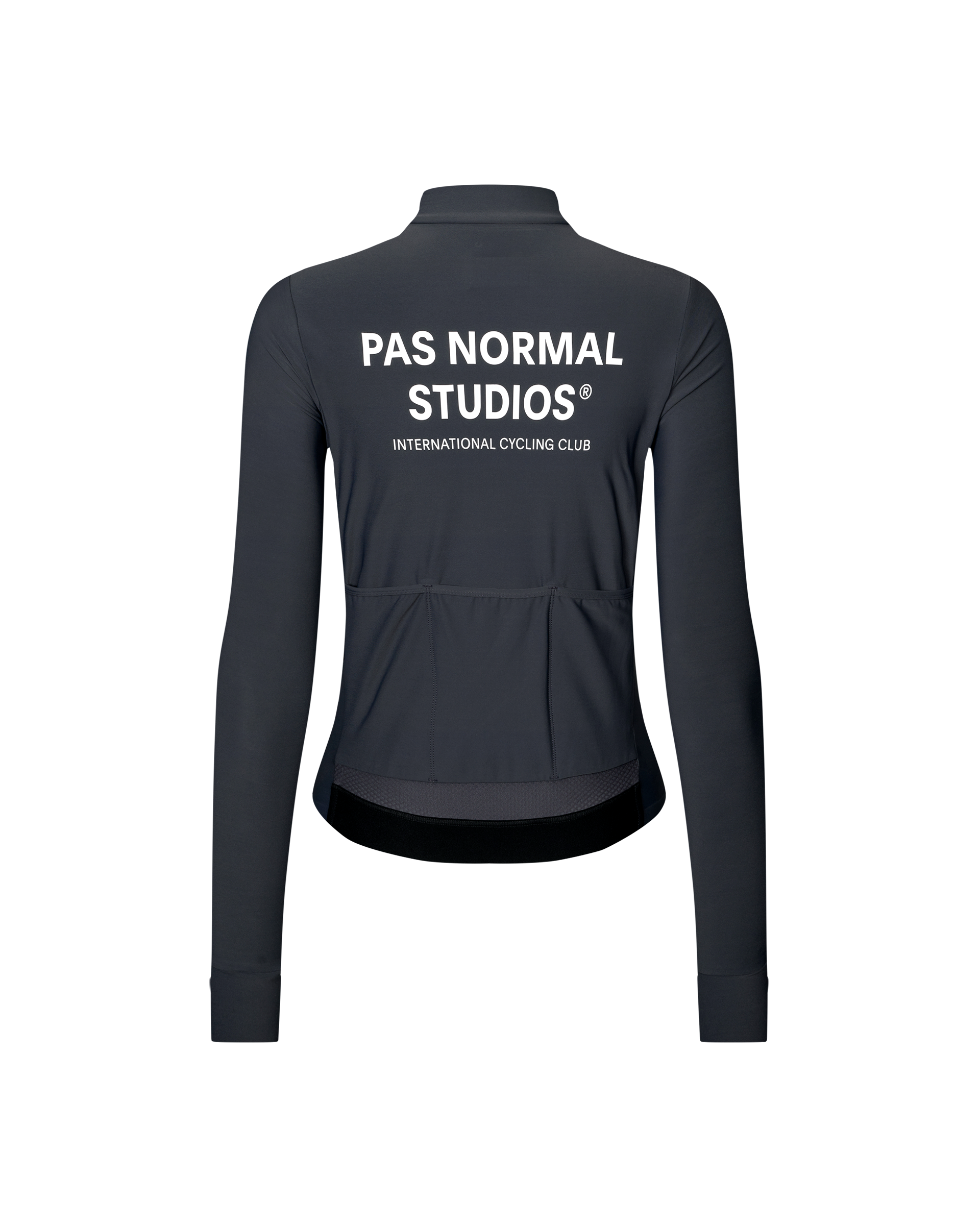 Dark Navy Mechanism women's long sleeve cycling jersey, rear flat lay with white back print and three pockets
