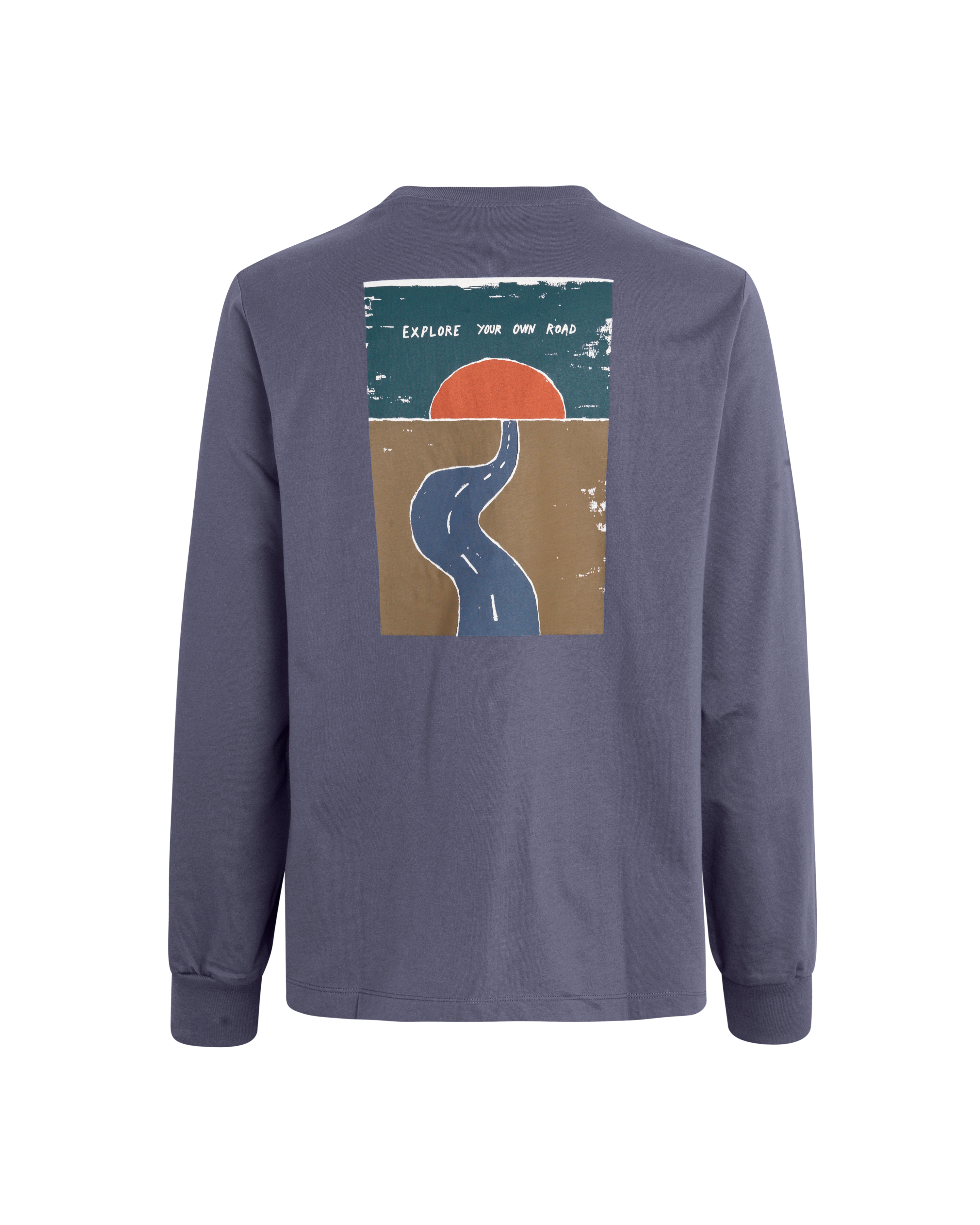 Steel Off-Race Graphic long sleeve t-shirt, rear view with road and sunset print