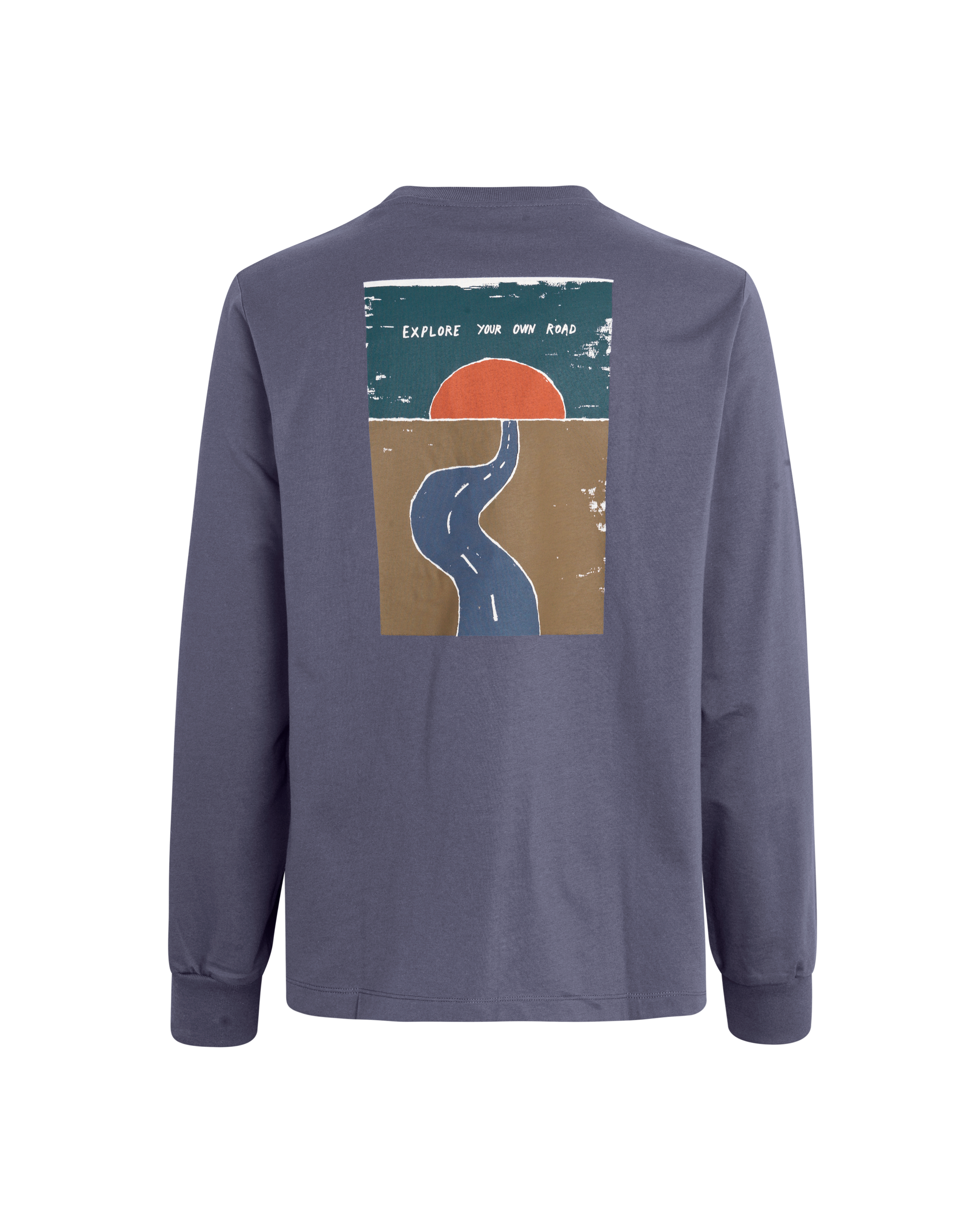 Steel Off-Race Graphic long sleeve t-shirt, rear view with road and sunset print