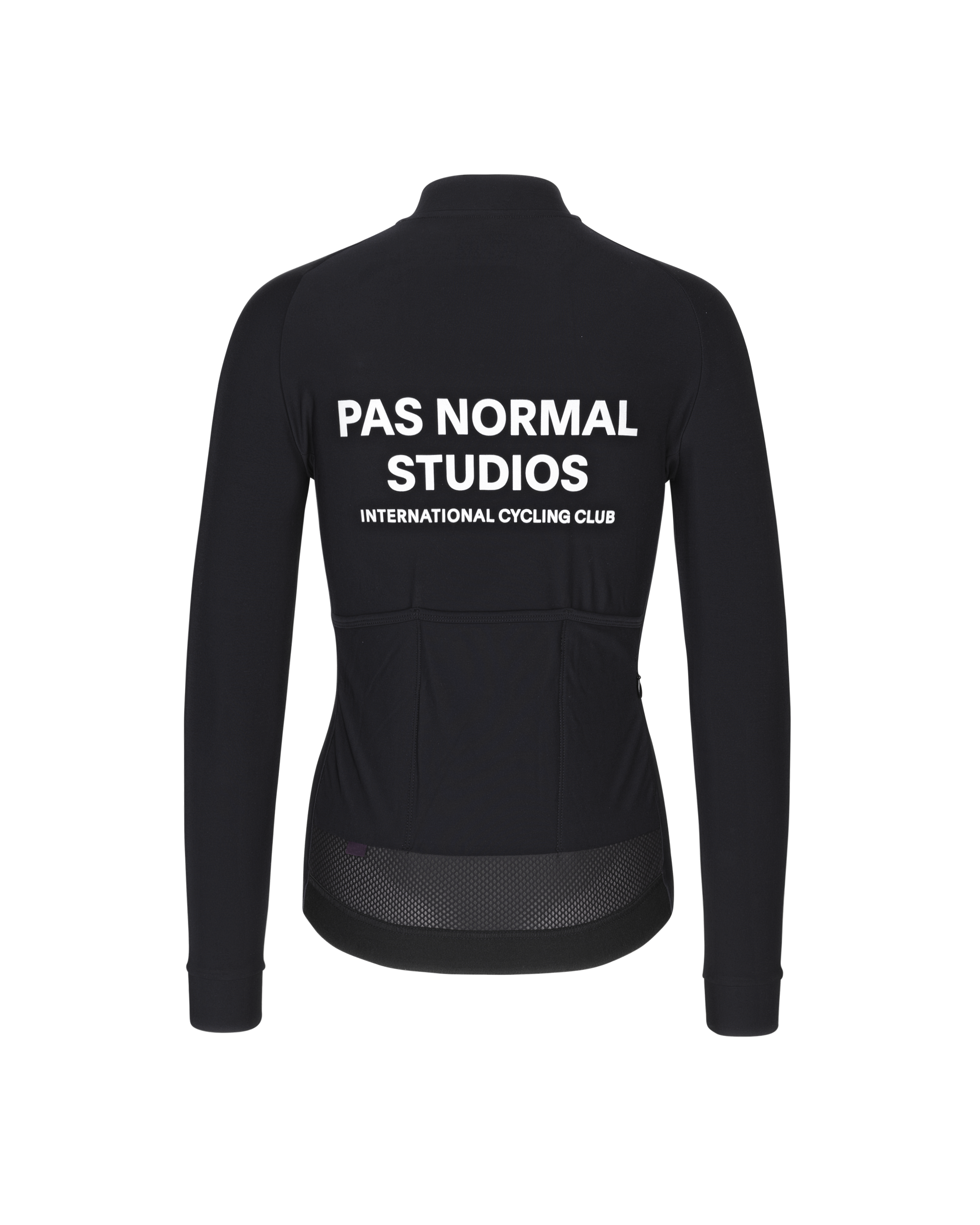 Black Mechanism long sleeve cycling jersey, rear view with white back print and mesh lower hem
