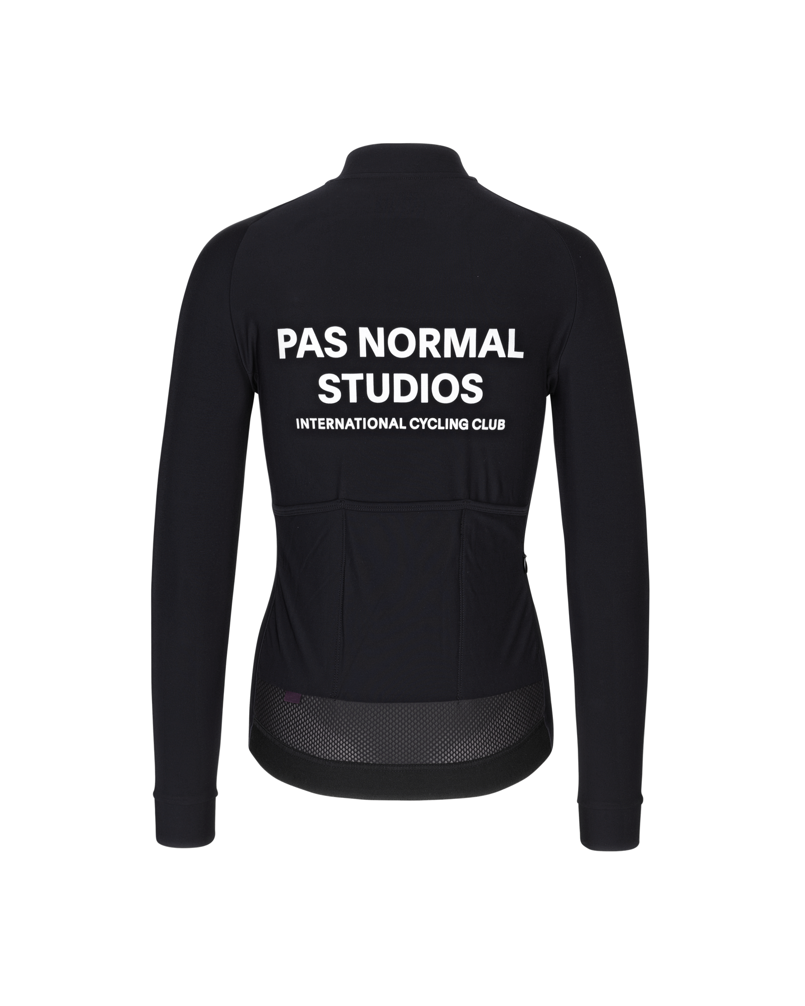 Black Mechanism long sleeve cycling jersey, rear view with white back print and mesh lower hem