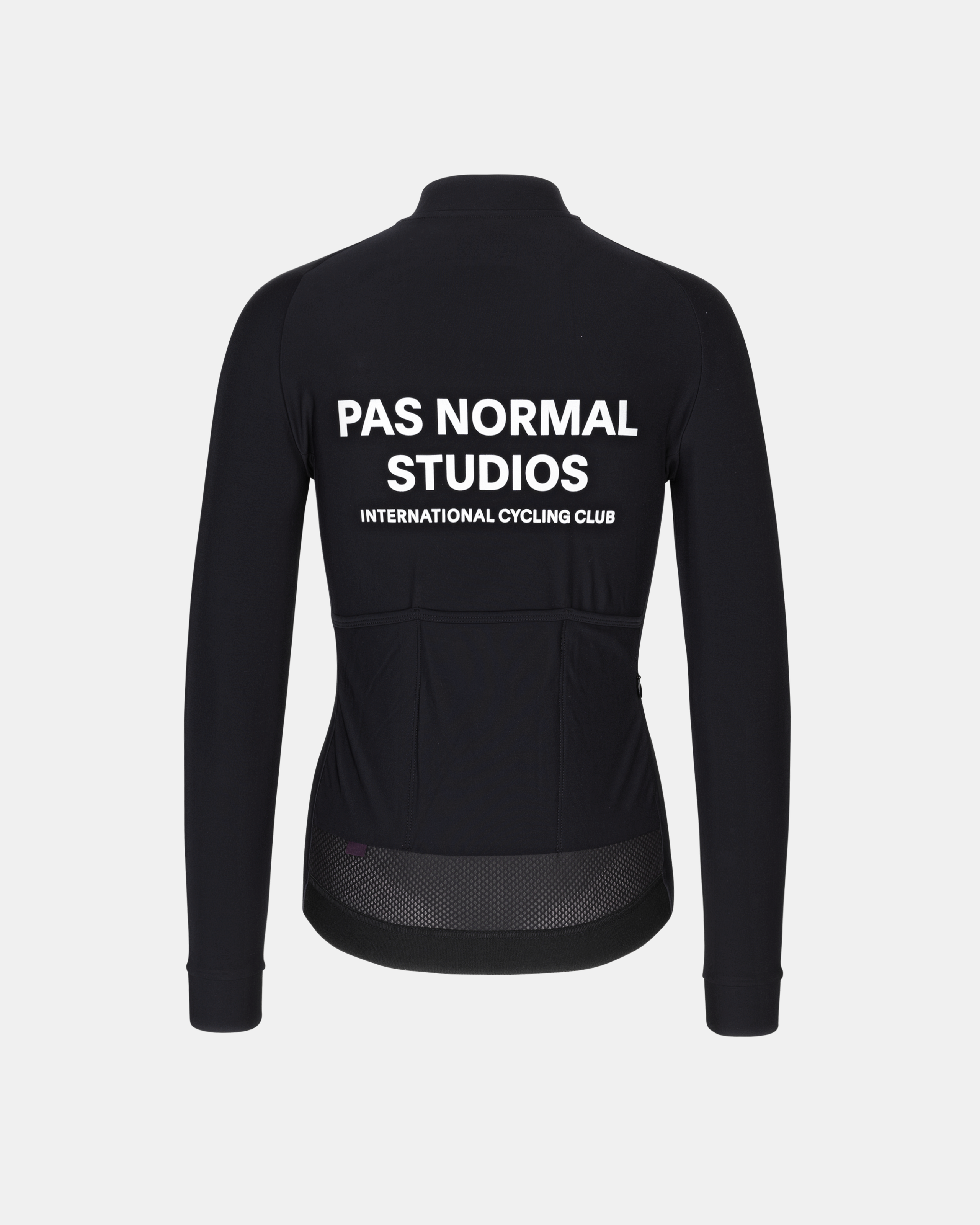 Black Mechanism long sleeve cycling jersey, rear view with white back print and mesh lower hem